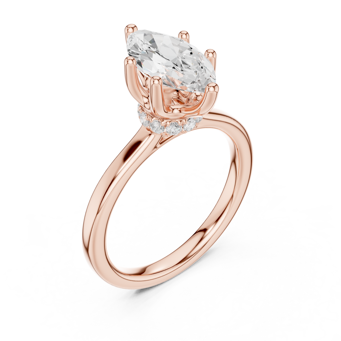 Marquise Cut Solitaire Engagement Ring with Hidden Halo and Cathedral Shank