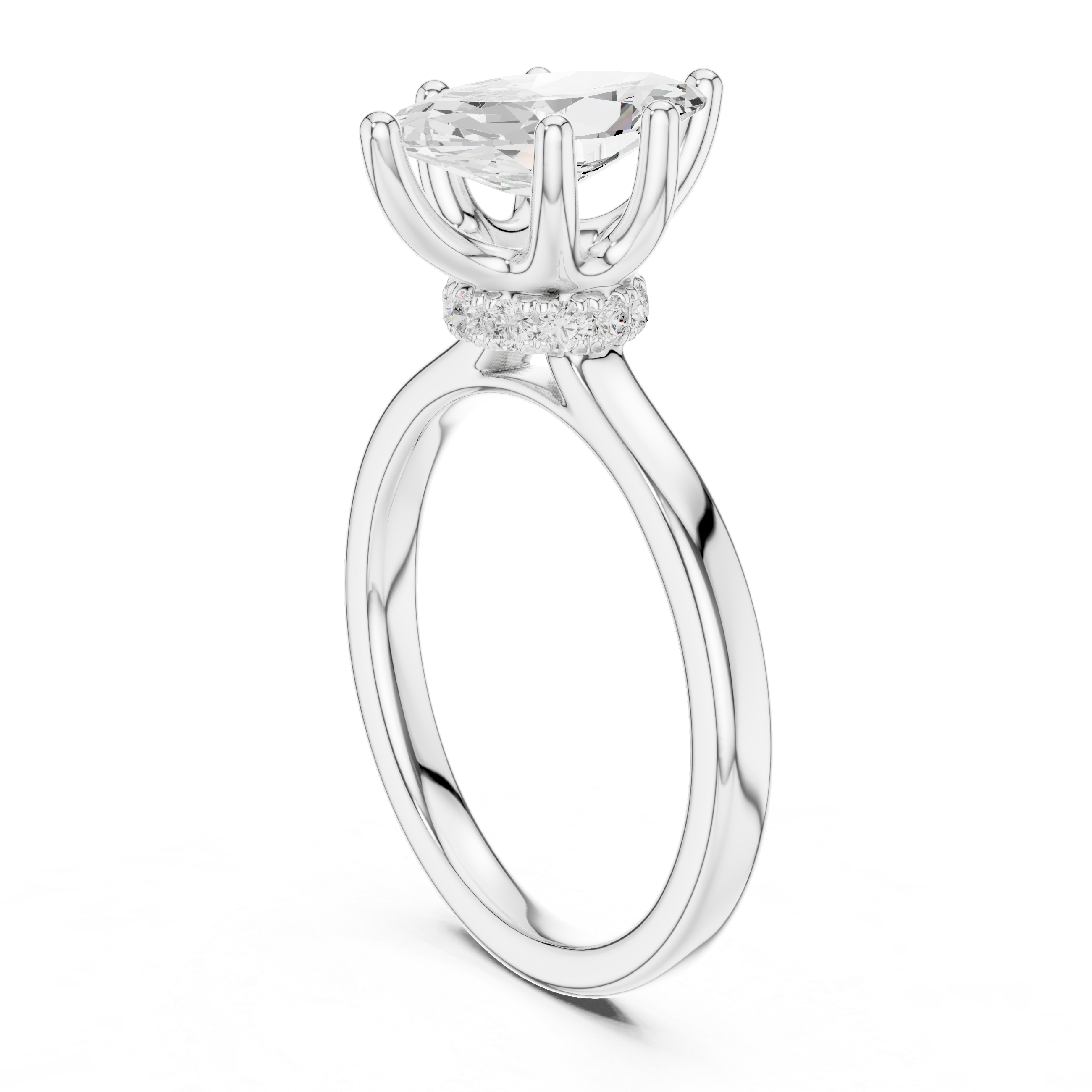 Marquise Cut Solitaire Engagement Ring with Hidden Halo and Cathedral Shank