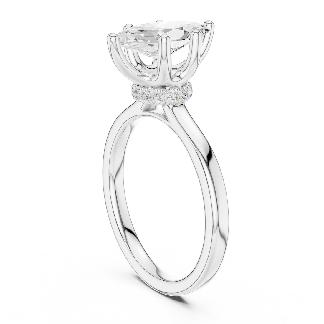Marquise Cut Solitaire Engagement Ring with Hidden Halo and Cathedral Shank