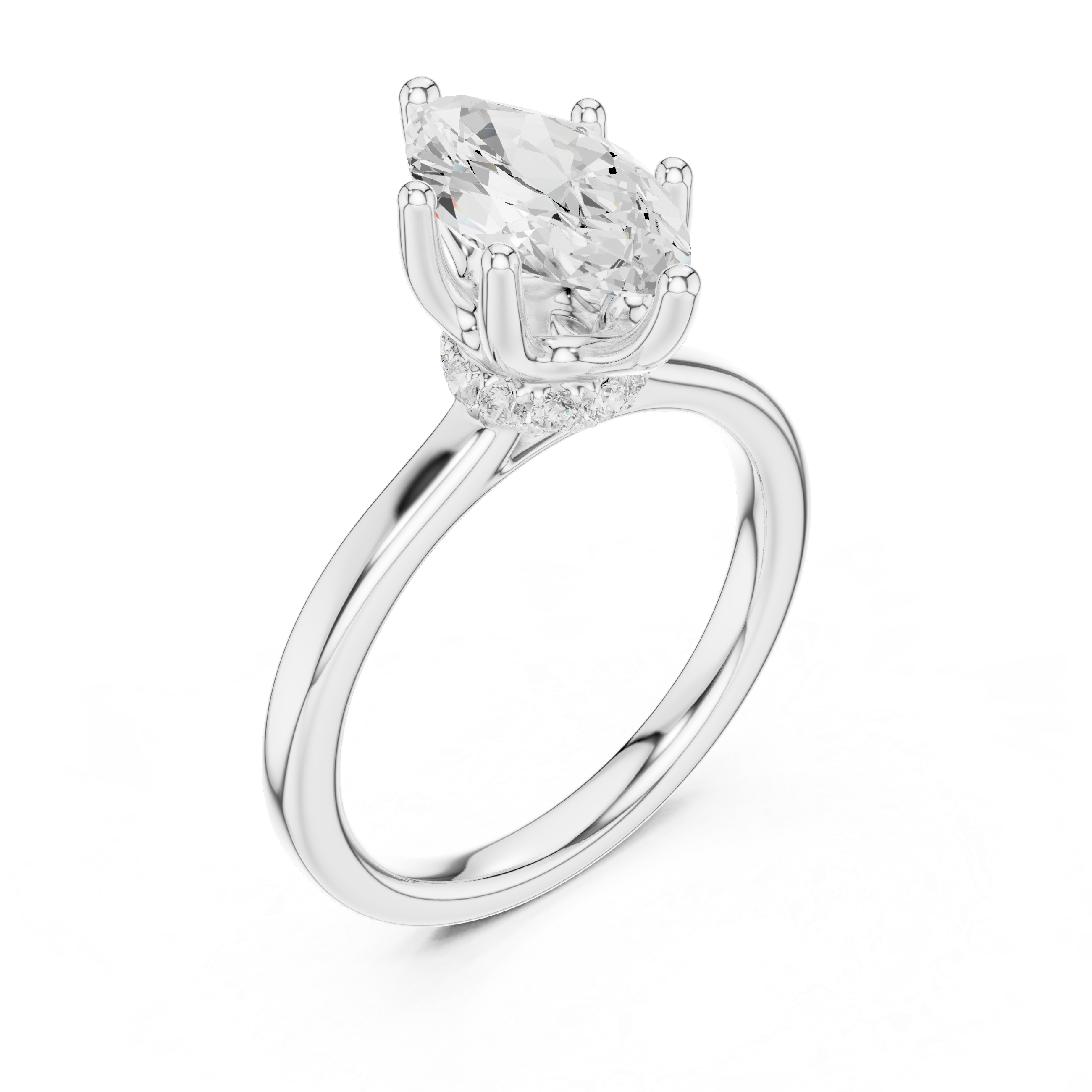 Marquise Cut Solitaire Engagement Ring with Hidden Halo and Cathedral Shank