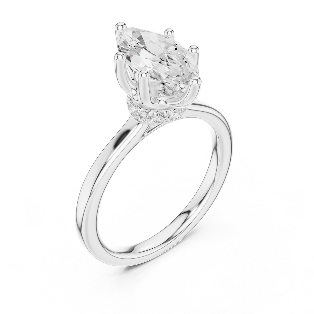 Marquise Cut Solitaire Engagement Ring with Hidden Halo and Cathedral Shank