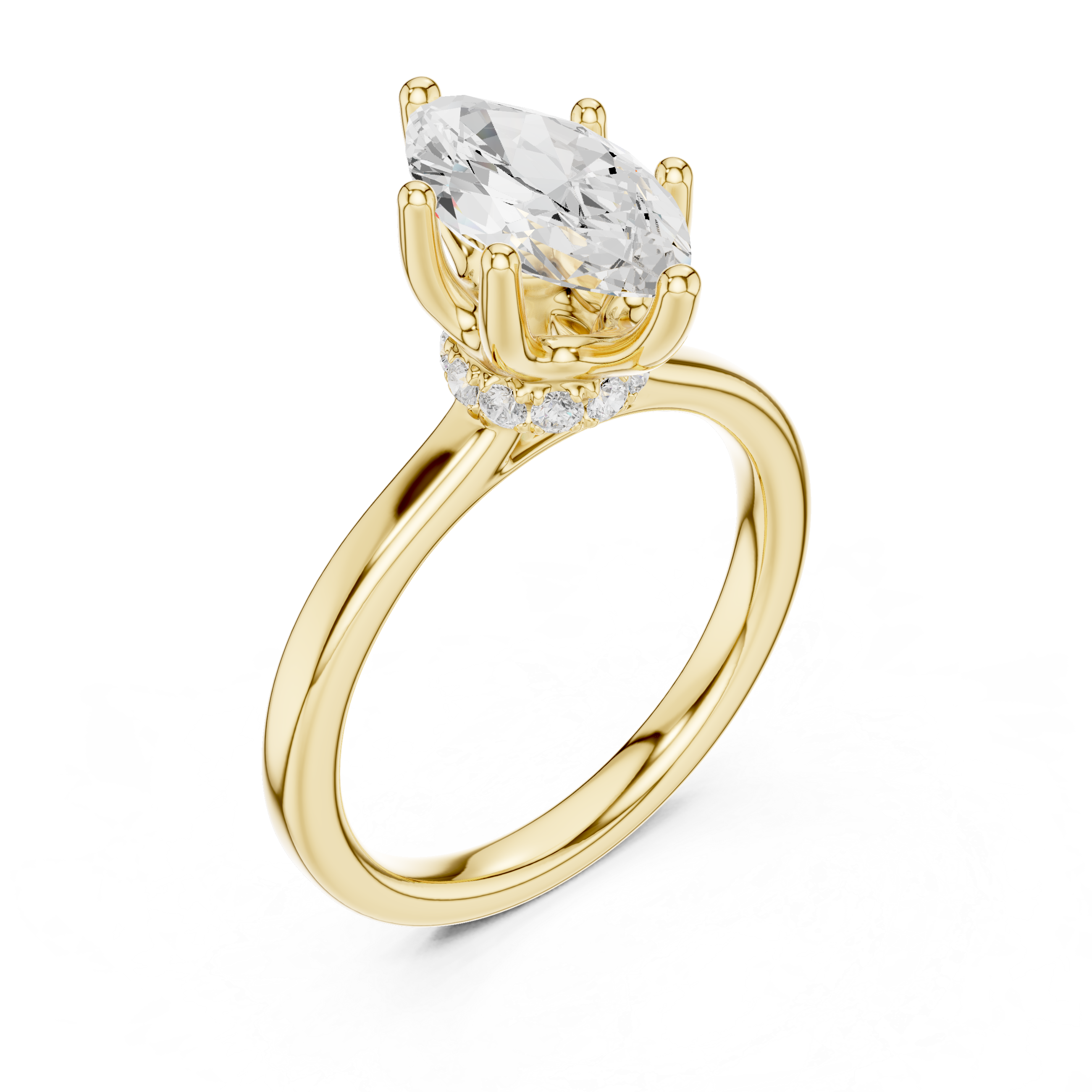 Marquise Cut Solitaire Engagement Ring with Hidden Halo and Cathedral Shank