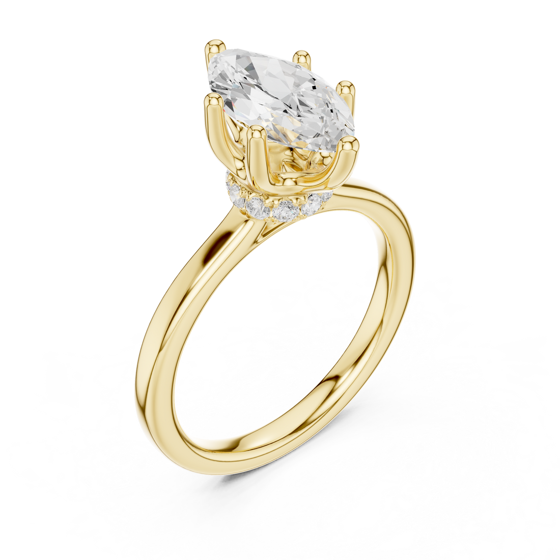 Marquise Cut Solitaire Engagement Ring with Hidden Halo and Cathedral Shank