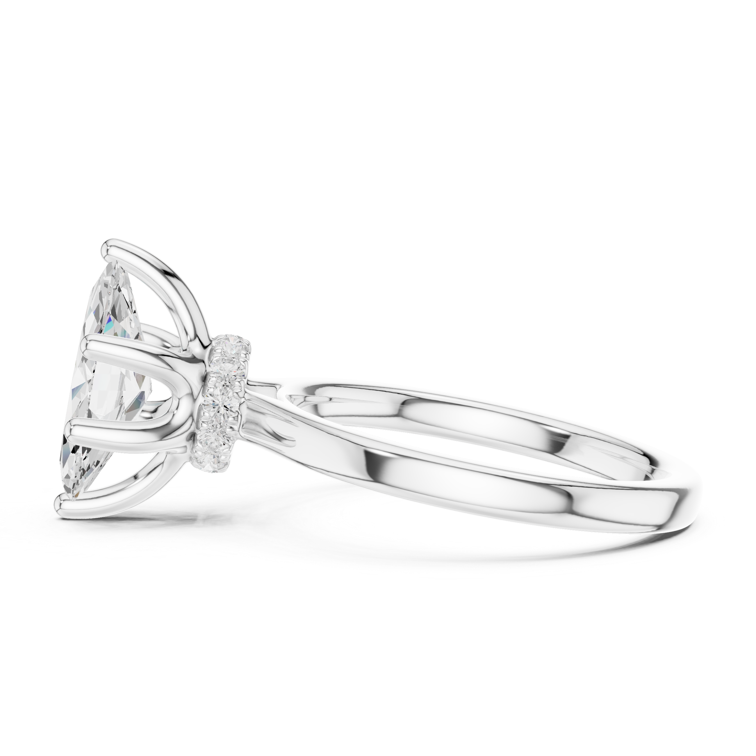 Marquise Cut Solitaire Engagement Ring with Hidden Halo and Cathedral Shank