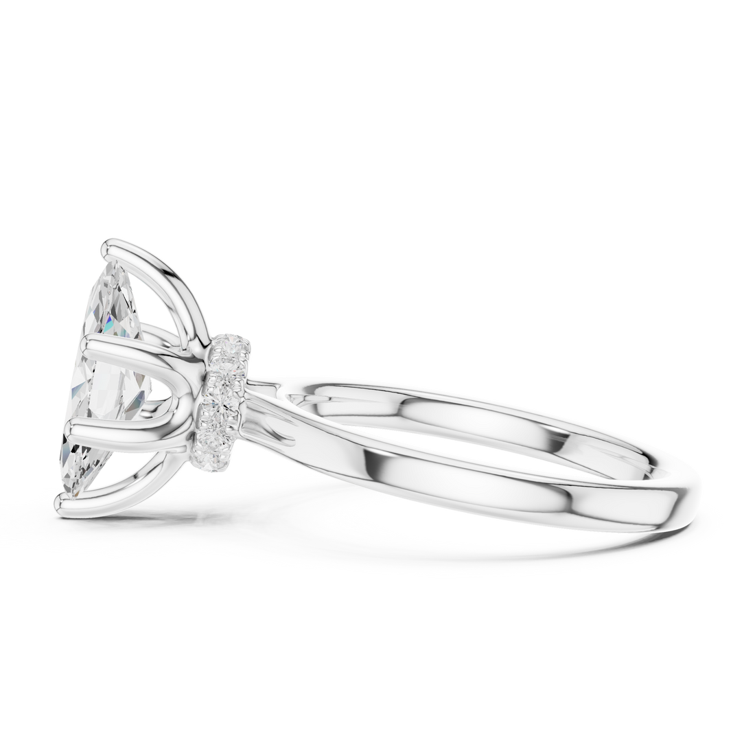 Marquise Cut Solitaire Engagement Ring with Hidden Halo and Cathedral Shank