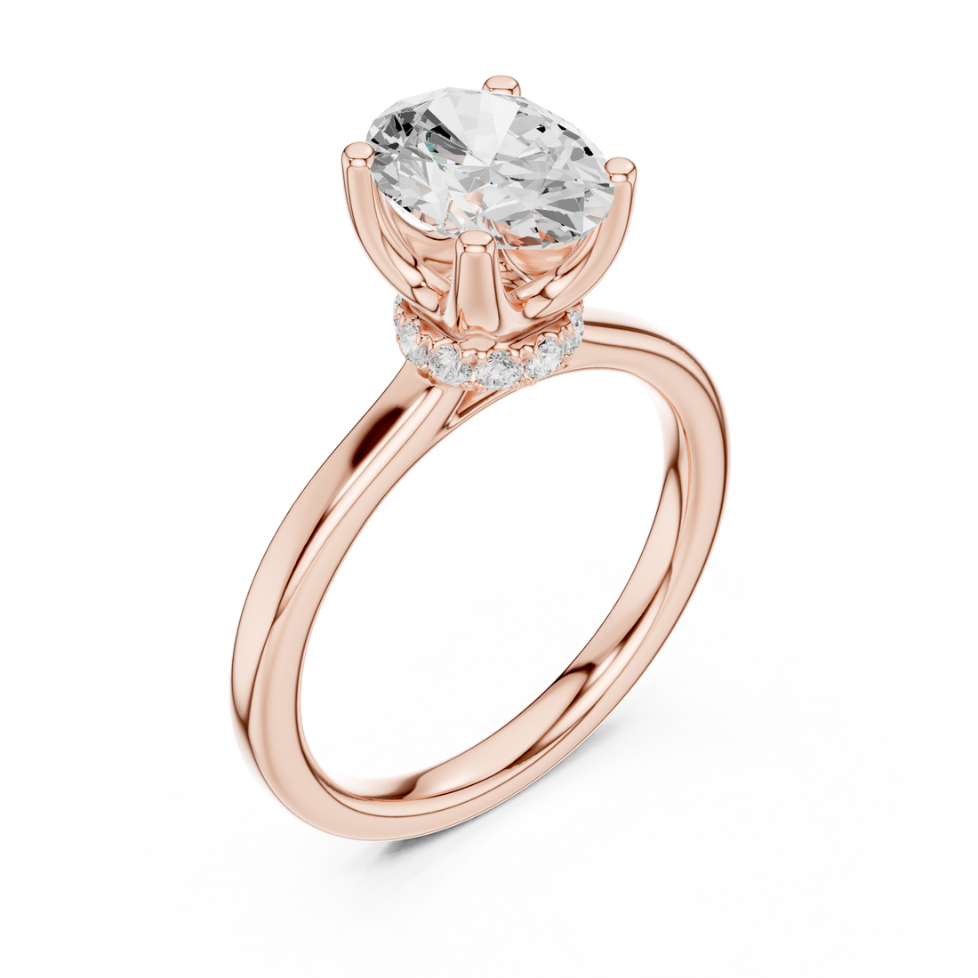 Oval Cut Solitaire Engagement Ring with Hidden Halo and Cathedral Shank