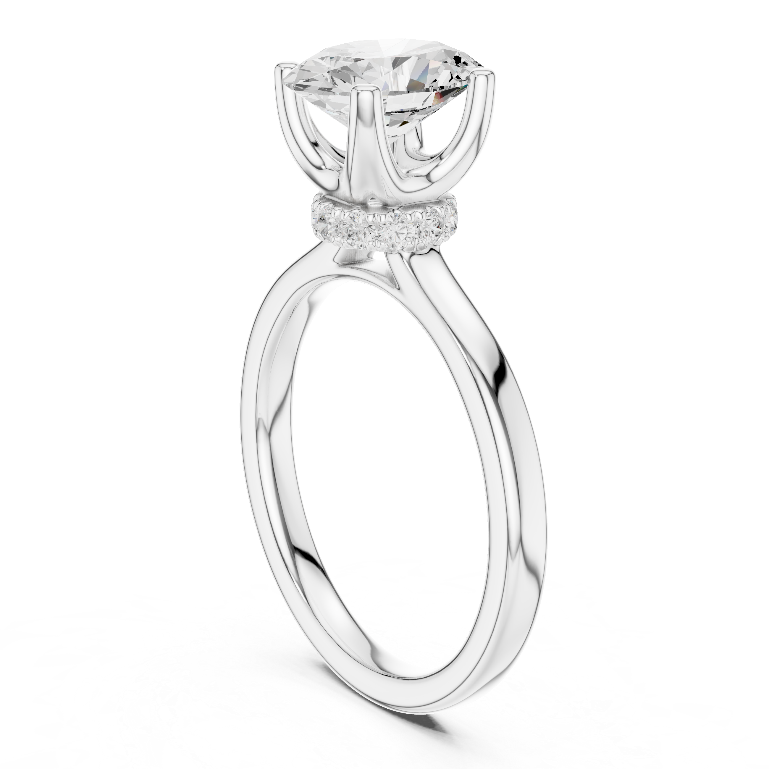 Oval Cut Solitaire Engagement Ring with Hidden Halo and Cathedral Shank