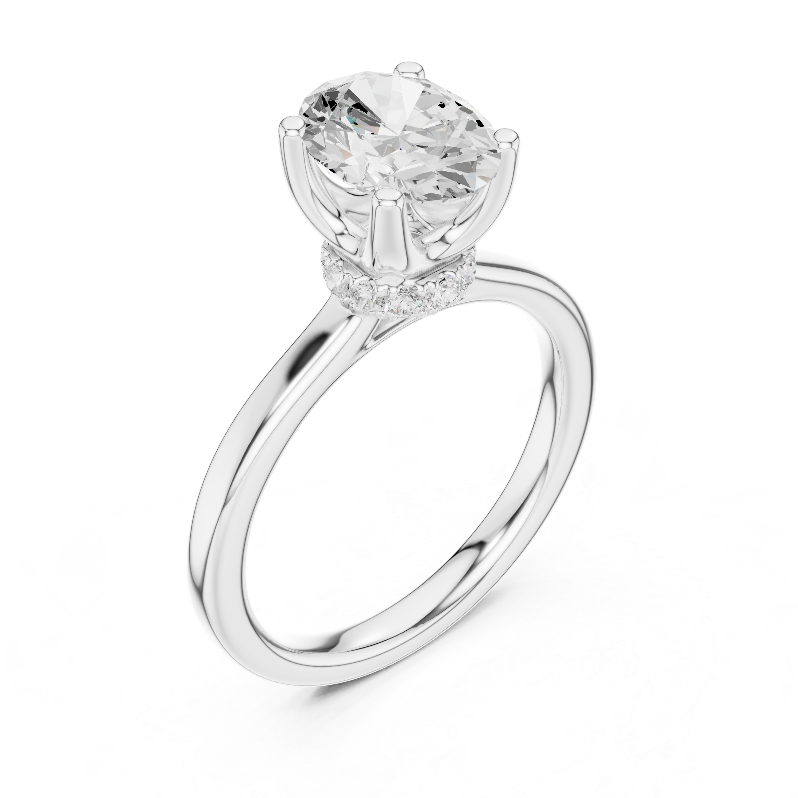 Oval Cut Solitaire Engagement Ring with Hidden Halo and Cathedral Shank