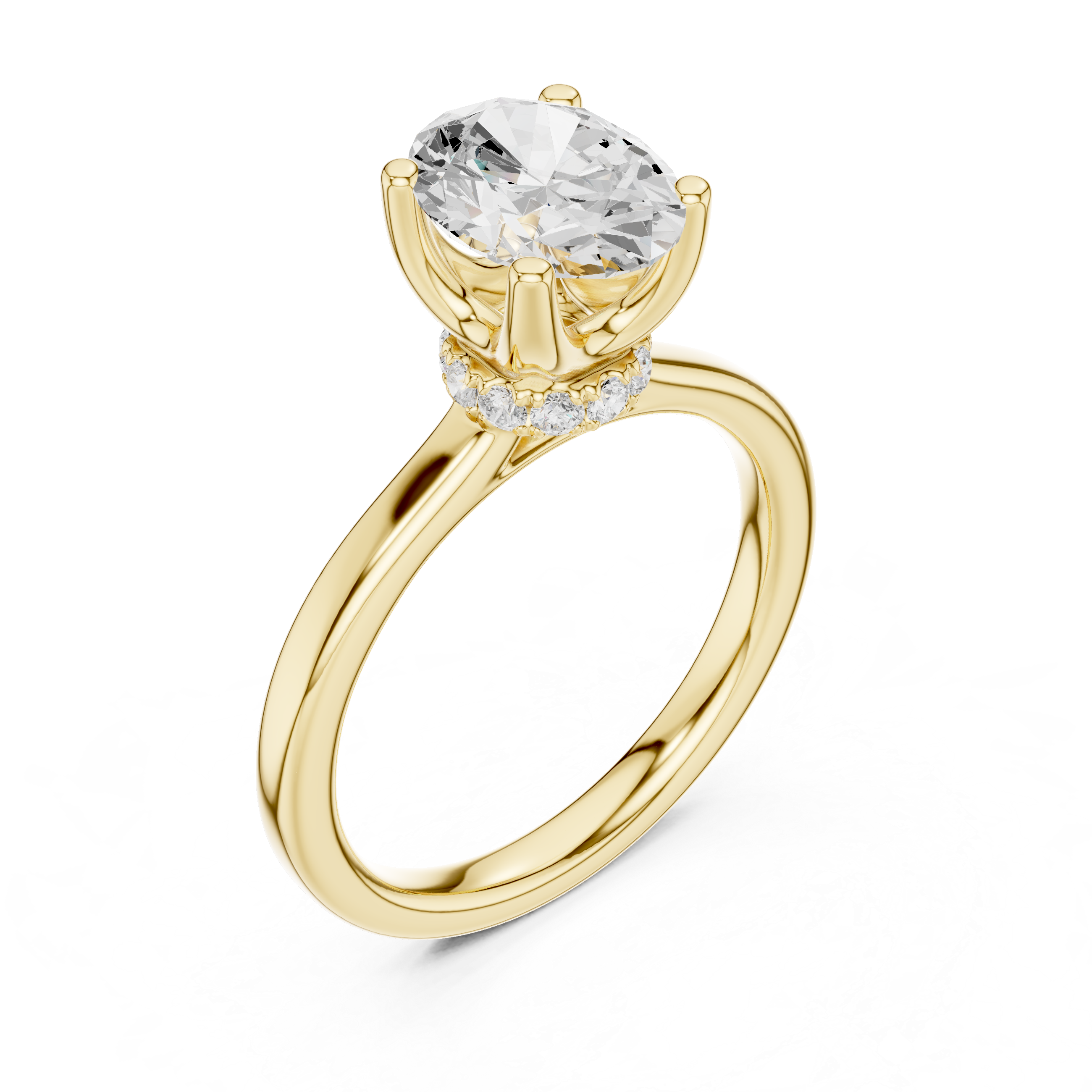 Oval Cut Solitaire Engagement Ring with Hidden Halo and Cathedral Shank