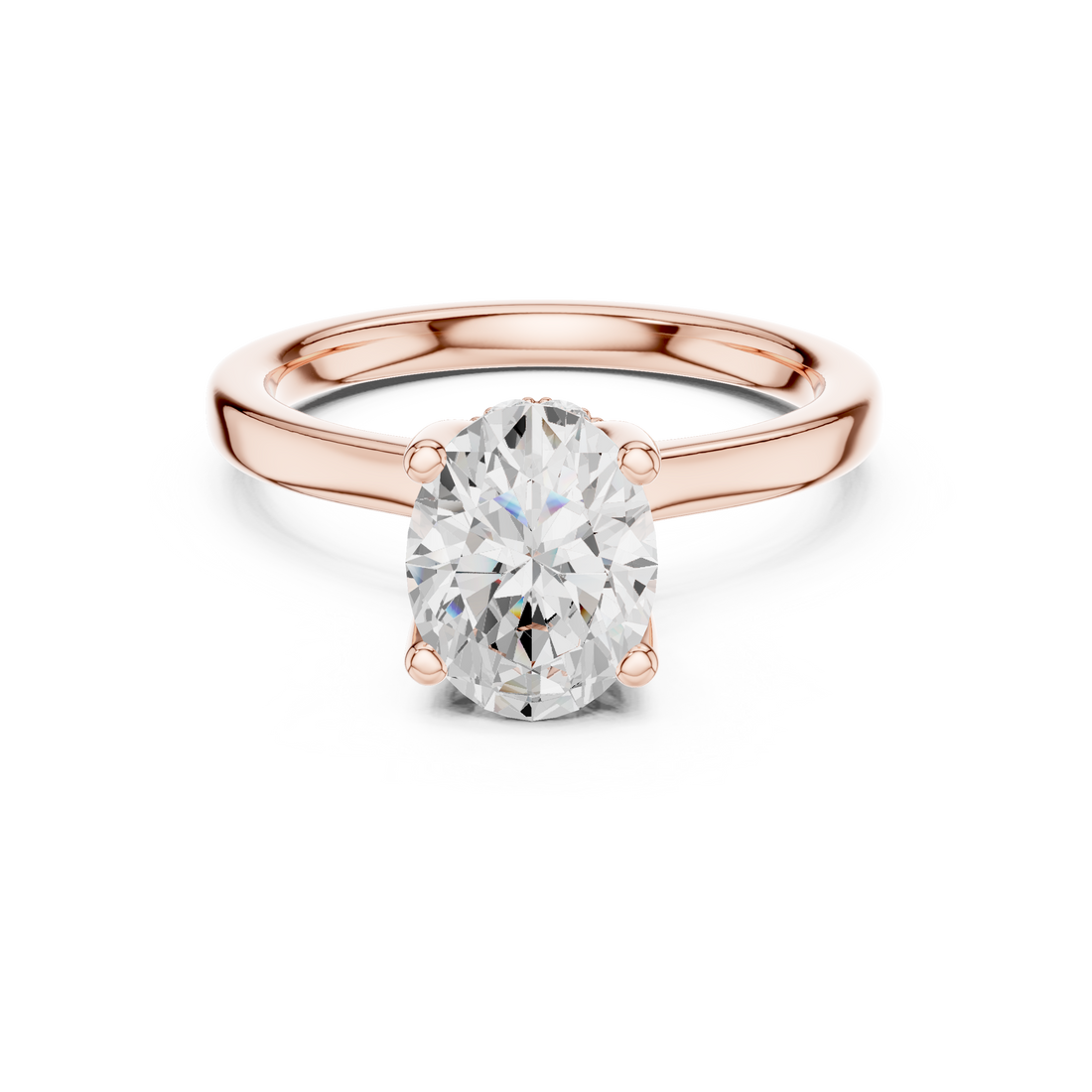 Oval Cut Solitaire Engagement Ring with Hidden Halo and Cathedral Shank