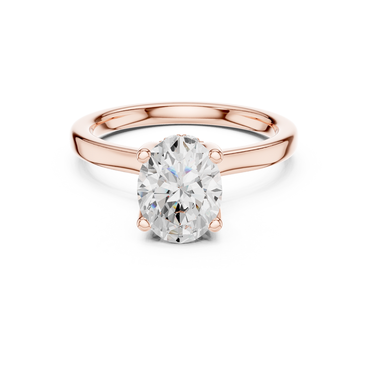 Oval Cut Solitaire Engagement Ring with Hidden Halo and Cathedral Shank
