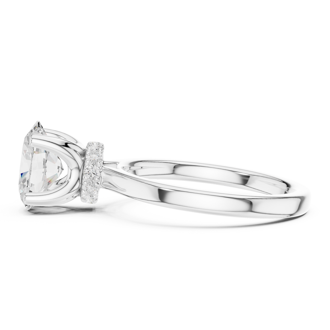 Oval Cut Solitaire Engagement Ring with Hidden Halo and Cathedral Shank