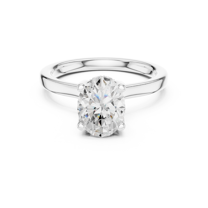 Oval Cut Solitaire Engagement Ring with Hidden Halo and Cathedral Shank