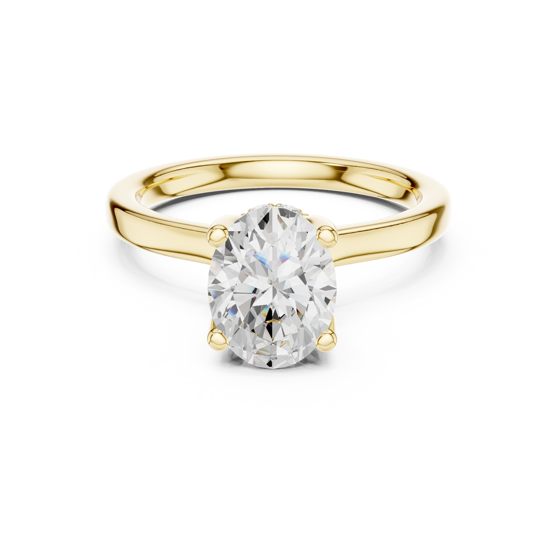 Oval Cut Solitaire Engagement Ring with Hidden Halo and Cathedral Shank