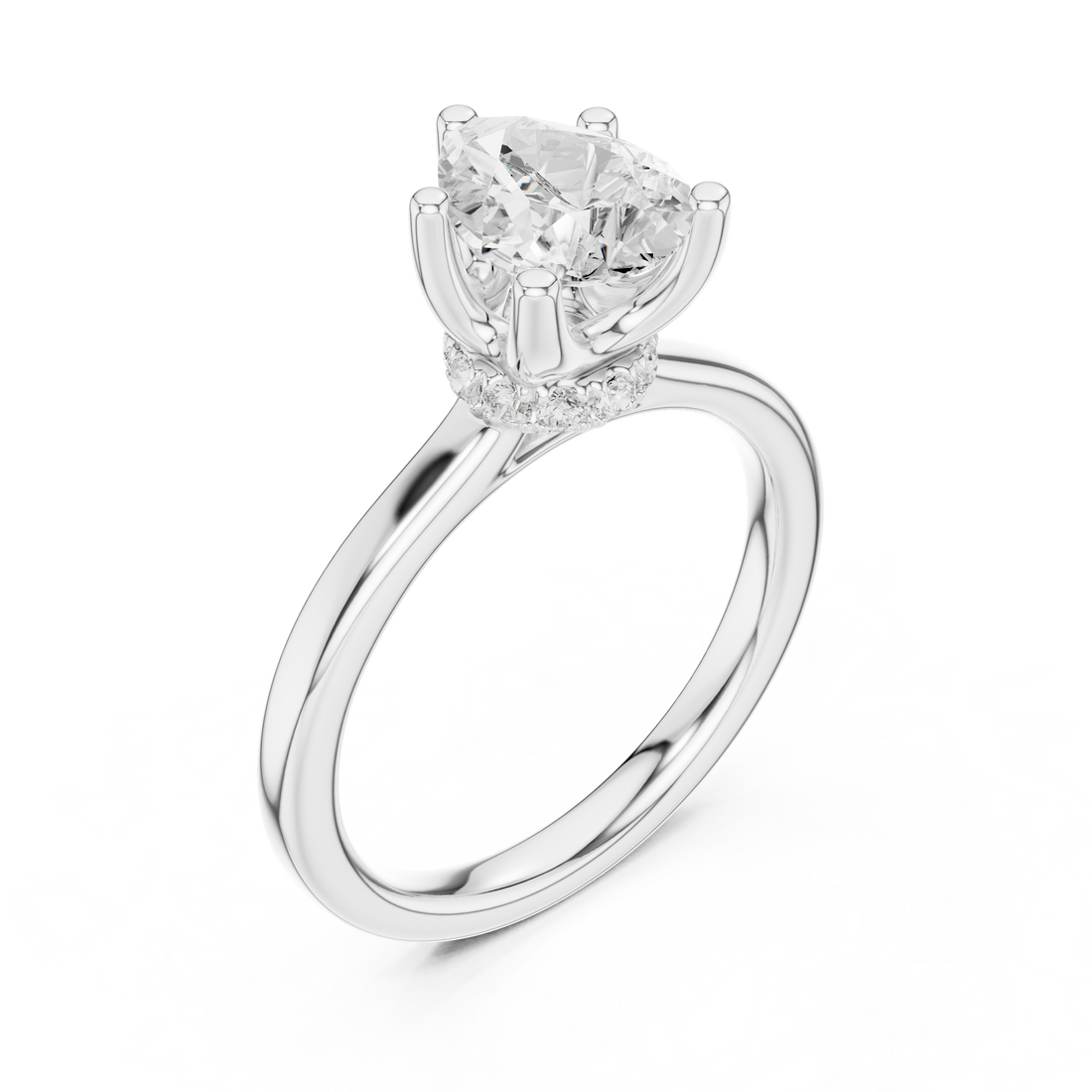 Pear Cut Solitaire Engagement Ring with Hidden Halo and Cathedral Shank