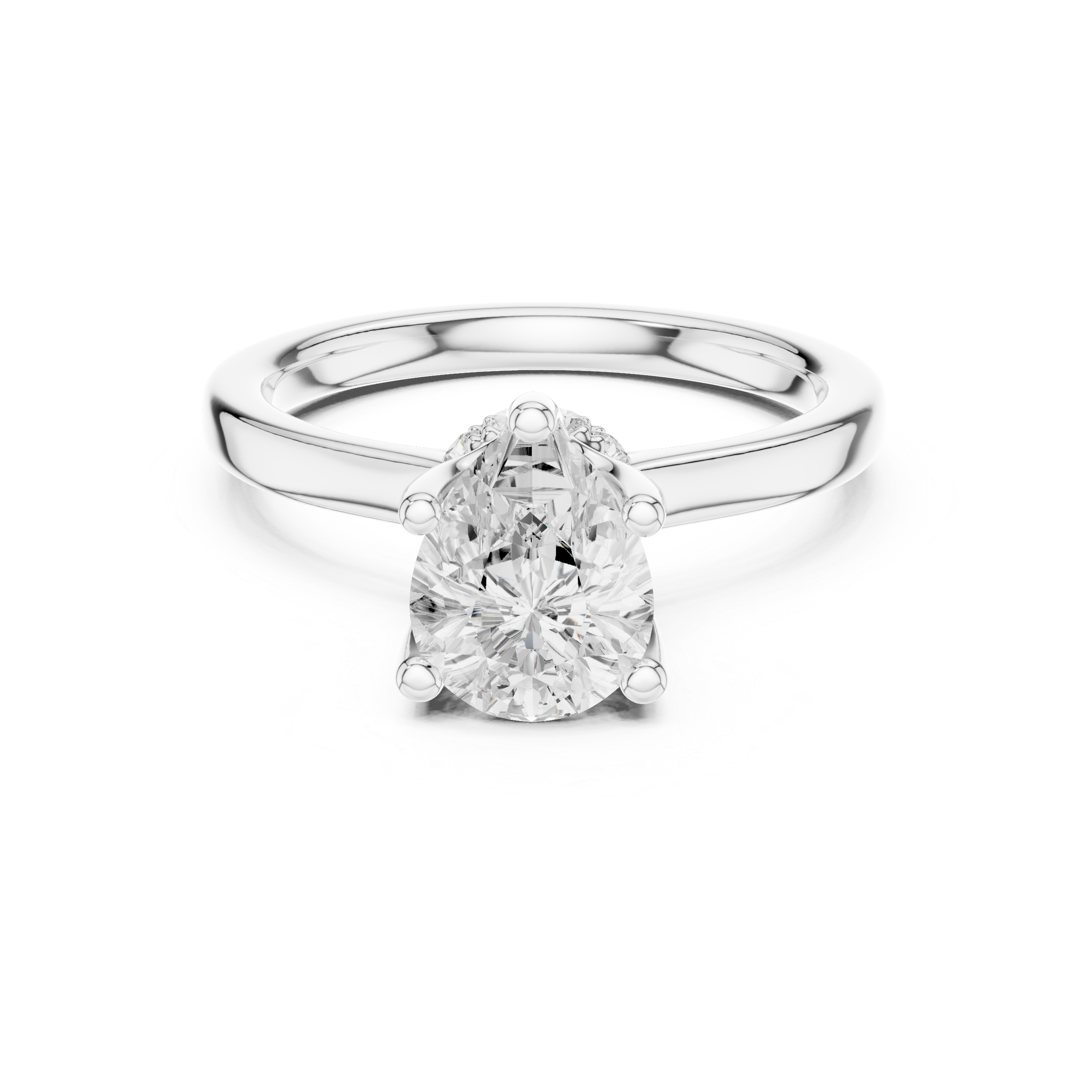 Pear Cut Solitaire Engagement Ring with Hidden Halo and Cathedral Shank