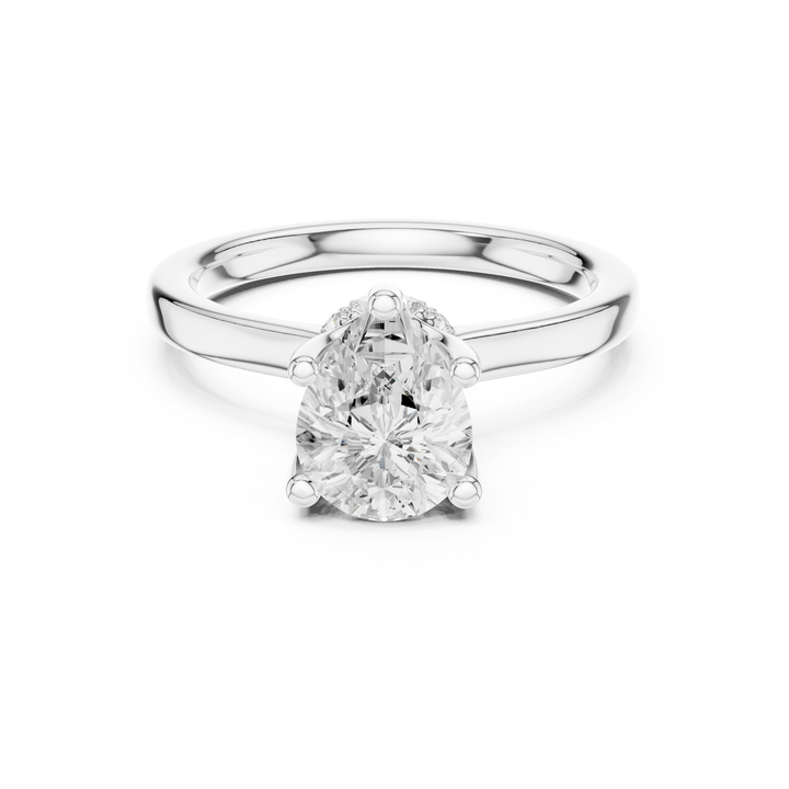 Pear Cut Solitaire Engagement Ring with Hidden Halo and Cathedral Shank