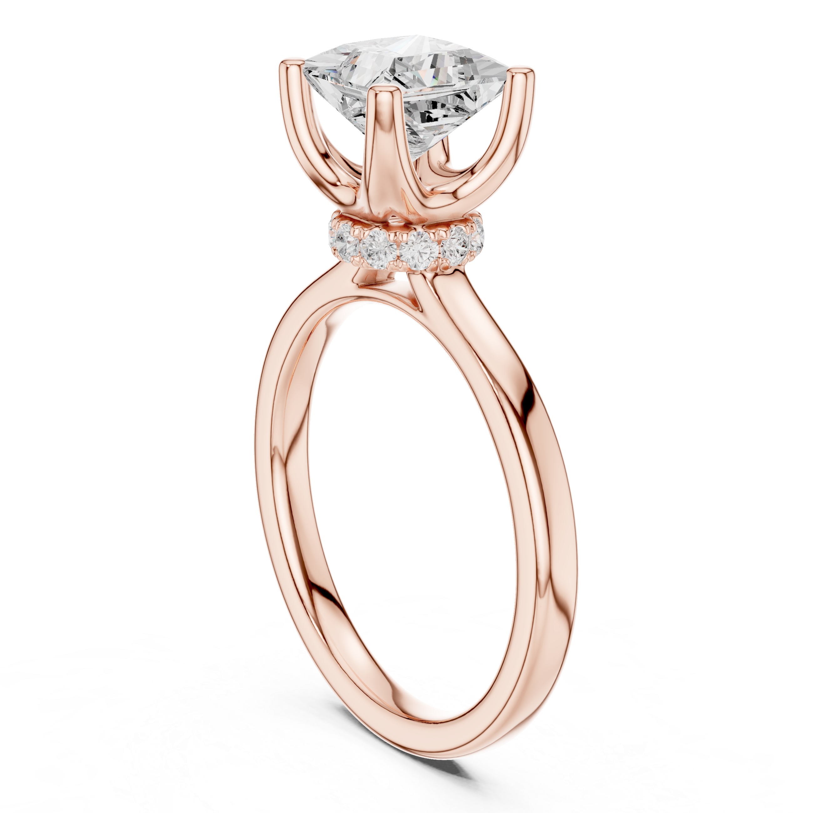 Princess Cut Solitaire Engagement Ring with Hidden Halo and Cathedral Shank