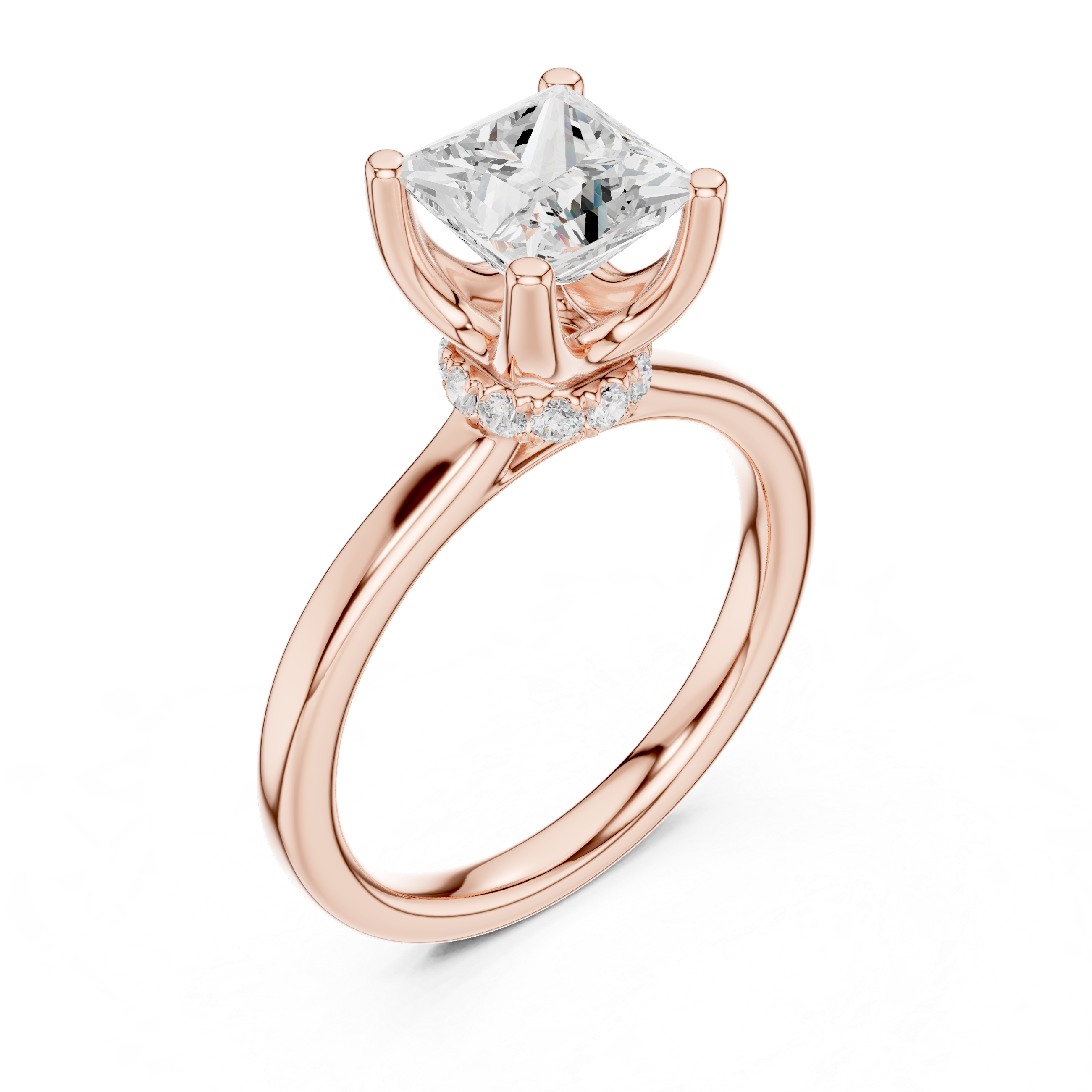 Princess Cut Solitaire Engagement Ring with Hidden Halo and Cathedral Shank