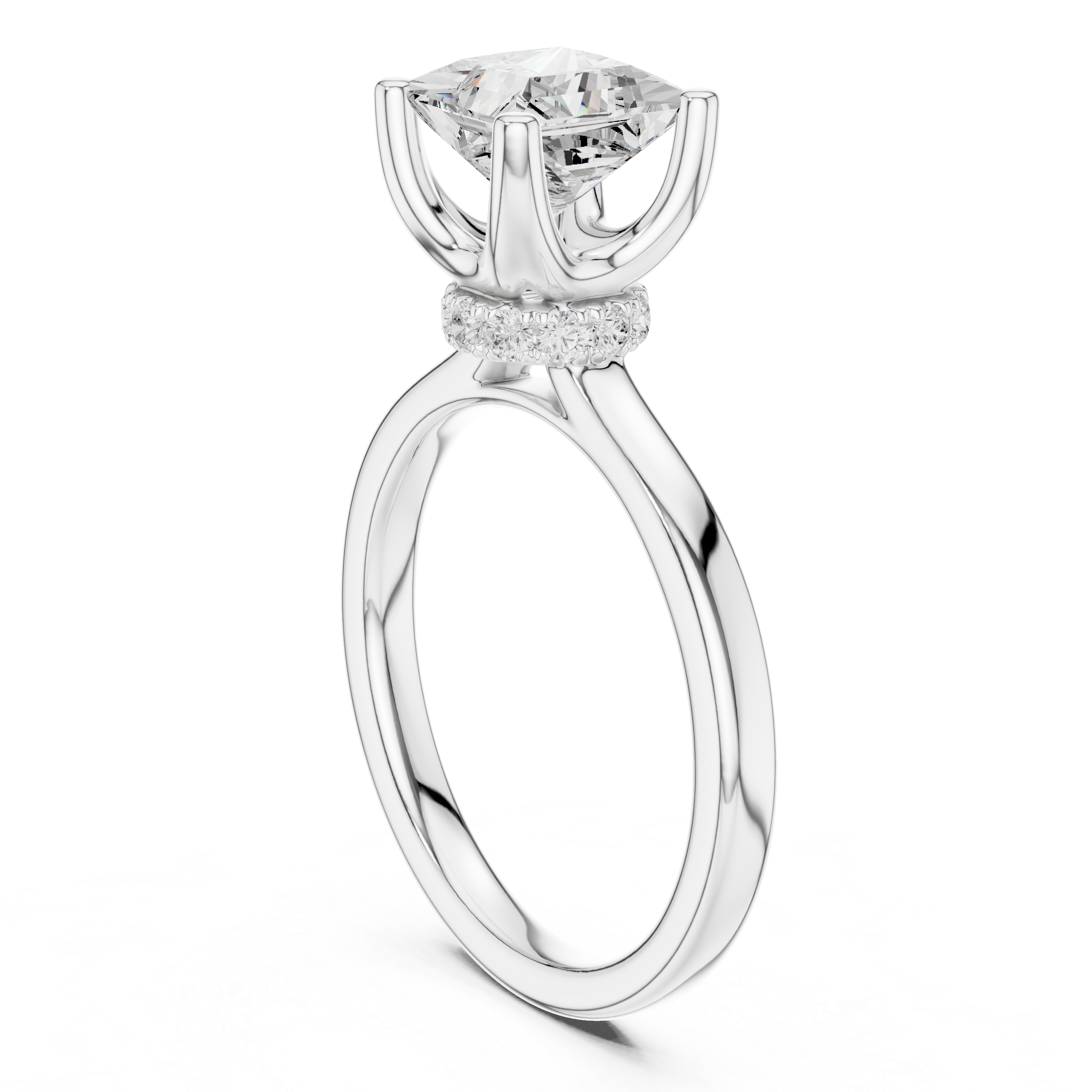 Princess Cut Solitaire Engagement Ring with Hidden Halo and Cathedral Shank