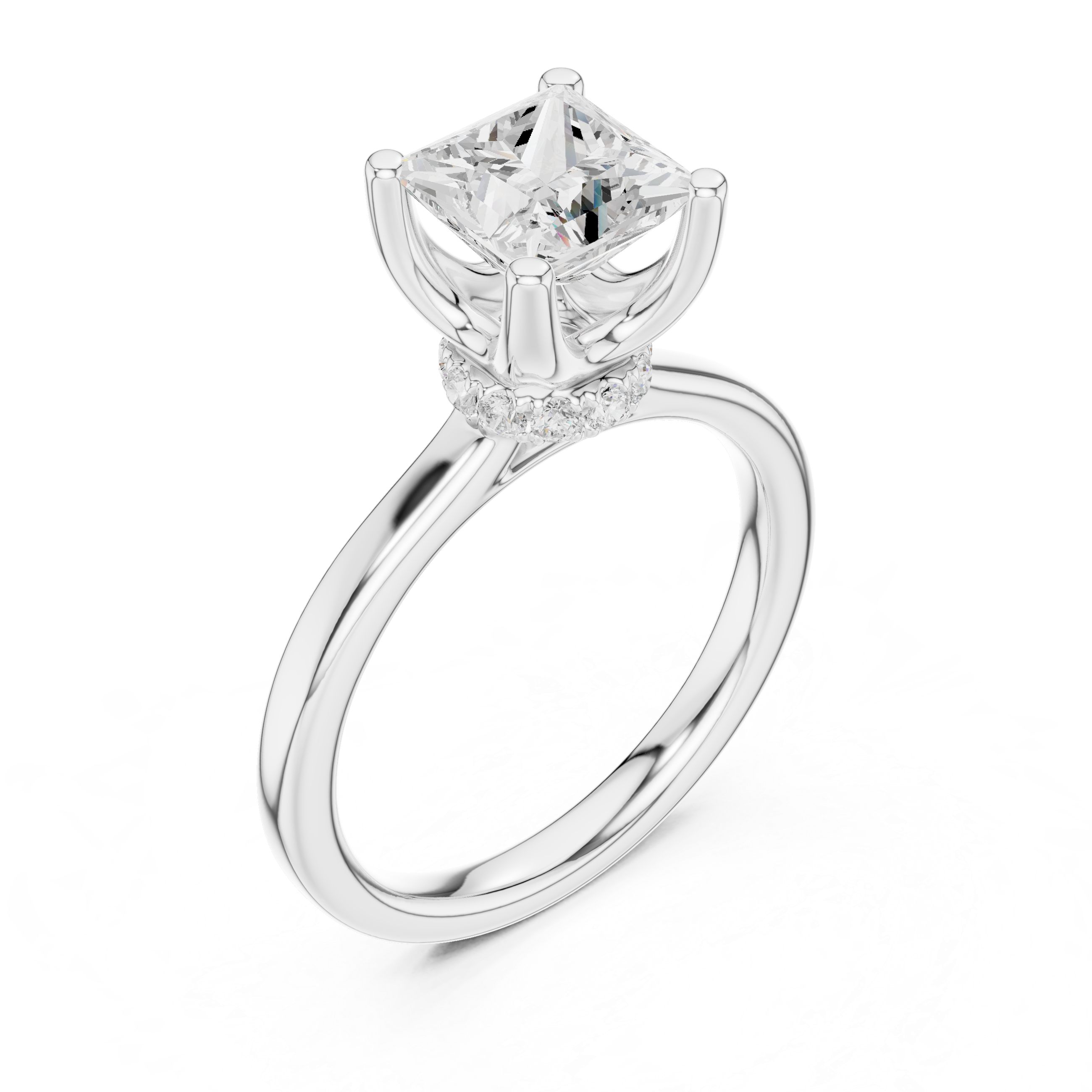 Princess Cut Solitaire Engagement Ring with Hidden Halo and Cathedral Shank