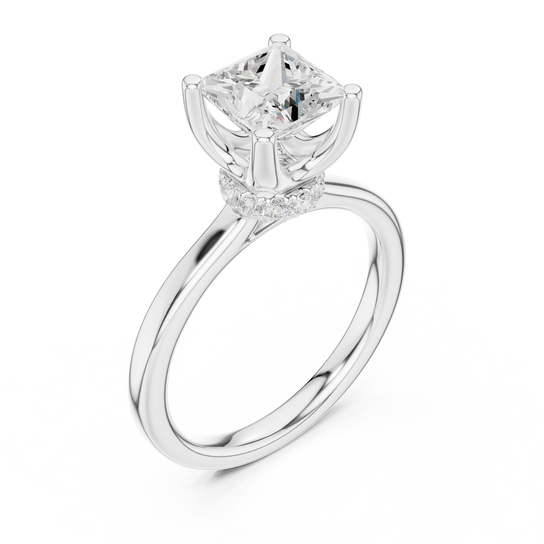 Princess Cut Solitaire Engagement Ring with Hidden Halo and Cathedral Shank