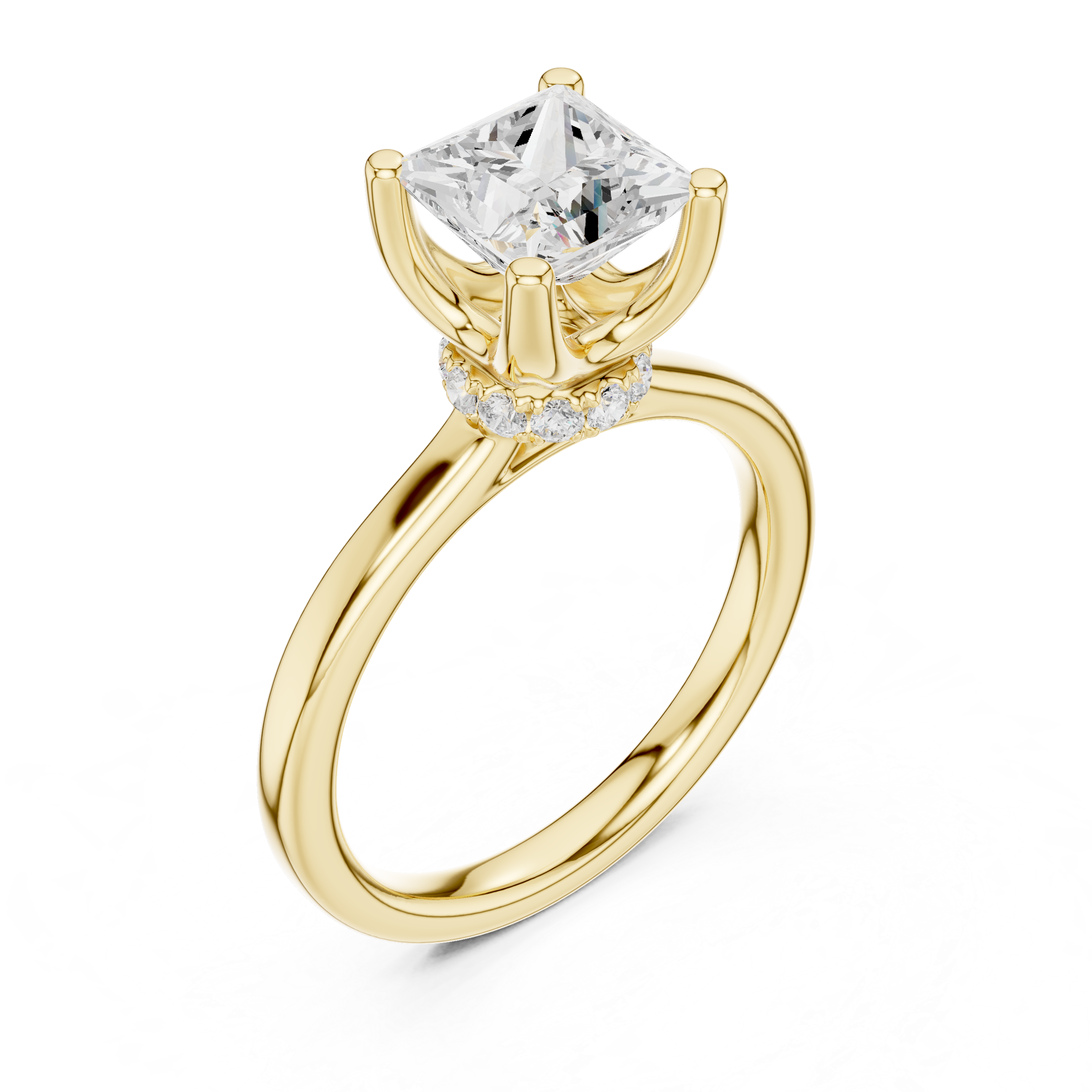 Princess Cut Solitaire Engagement Ring with Hidden Halo and Cathedral Shank
