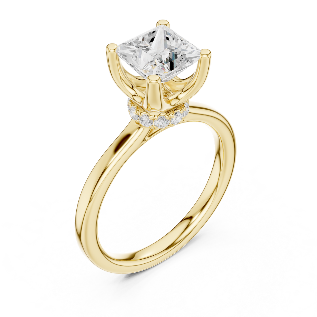 Princess Cut Solitaire Engagement Ring with Hidden Halo and Cathedral Shank