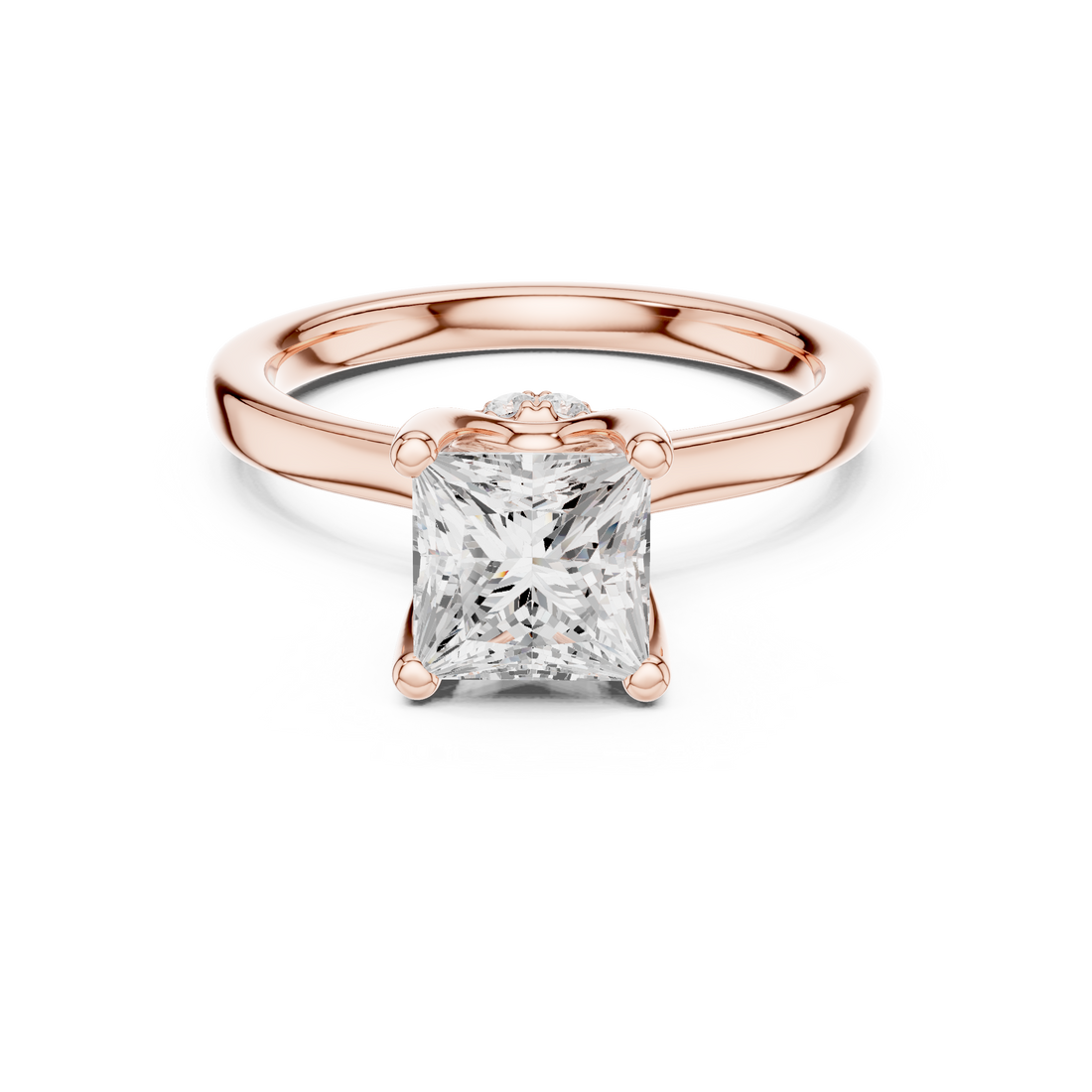 Princess Cut Solitaire Engagement Ring with Hidden Halo and Cathedral Shank