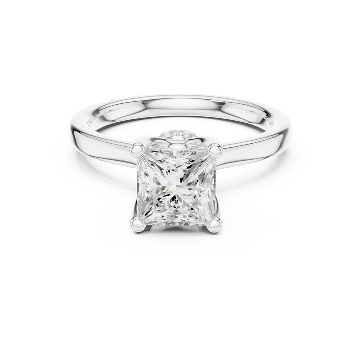 Princess Cut Solitaire Engagement Ring with Hidden Halo and Cathedral Shank
