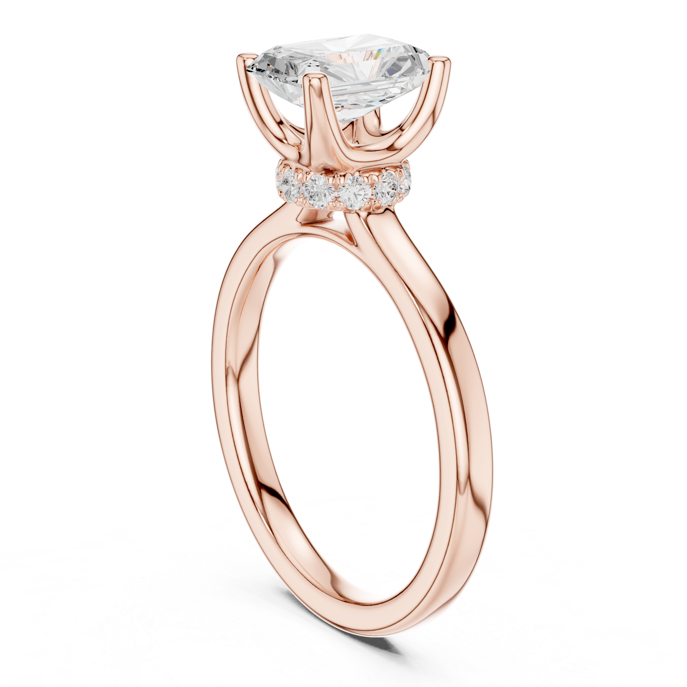 Radiant Cut Solitaire Engagement Ring with Hidden Halo and Cathedral Shank