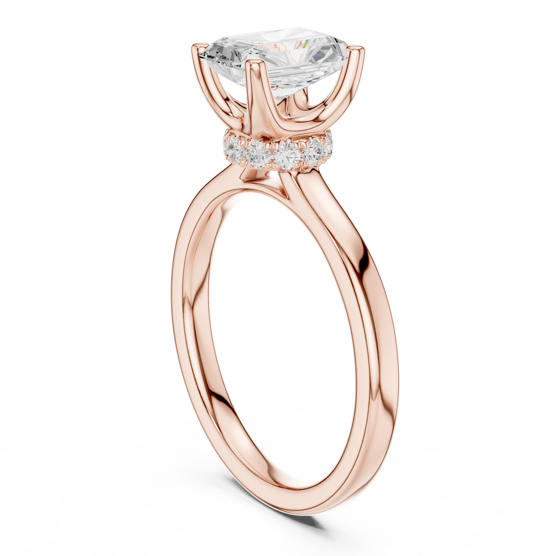 Radiant Cut Solitaire Engagement Ring with Hidden Halo and Cathedral Shank