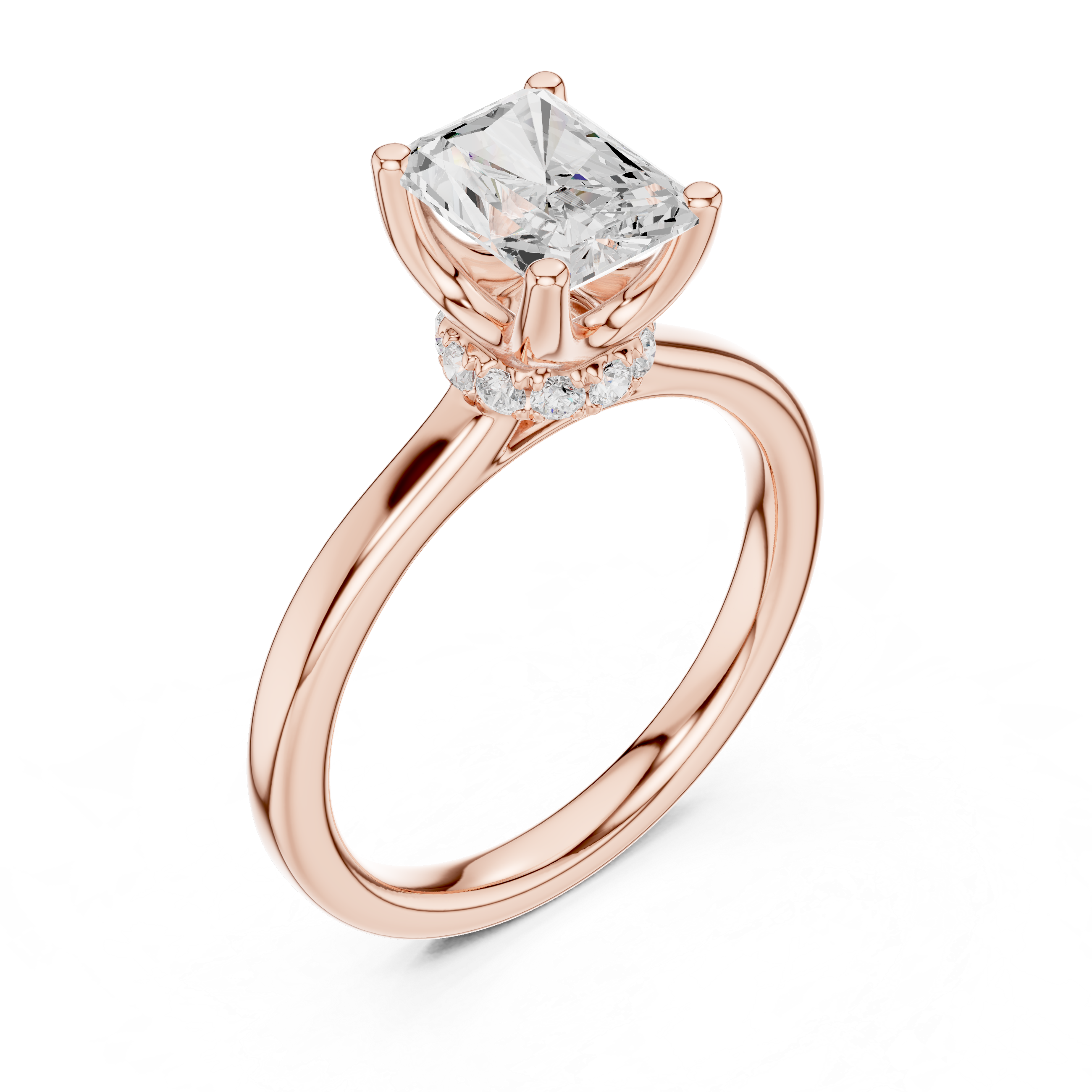 Radiant Cut Solitaire Engagement Ring with Hidden Halo and Cathedral Shank