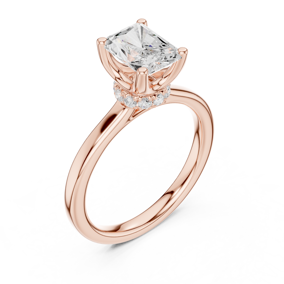 Radiant Cut Solitaire Engagement Ring with Hidden Halo and Cathedral Shank