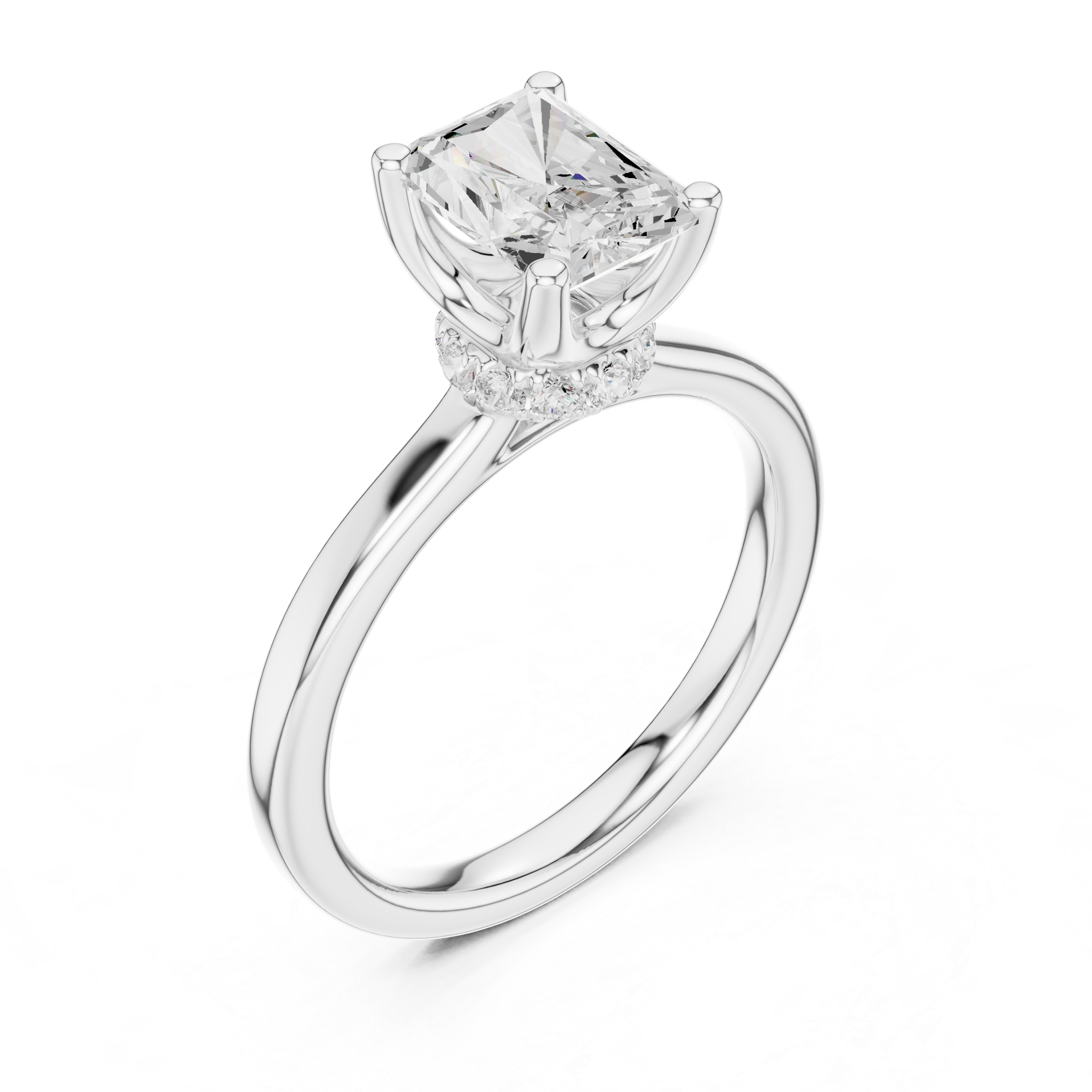 Radiant Cut Solitaire Engagement Ring with Hidden Halo and Cathedral Shank