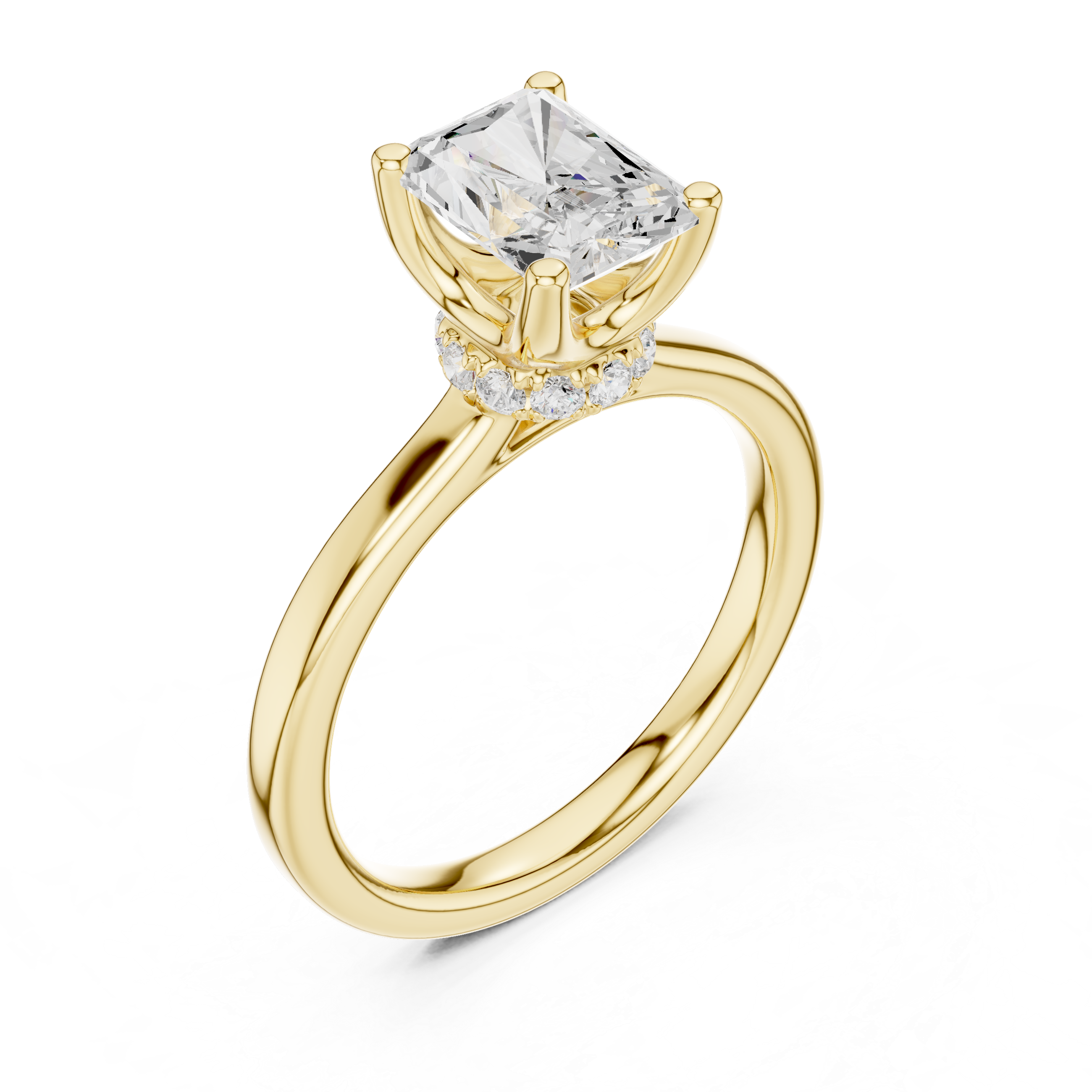 Radiant Cut Solitaire Engagement Ring with Hidden Halo and Cathedral Shank