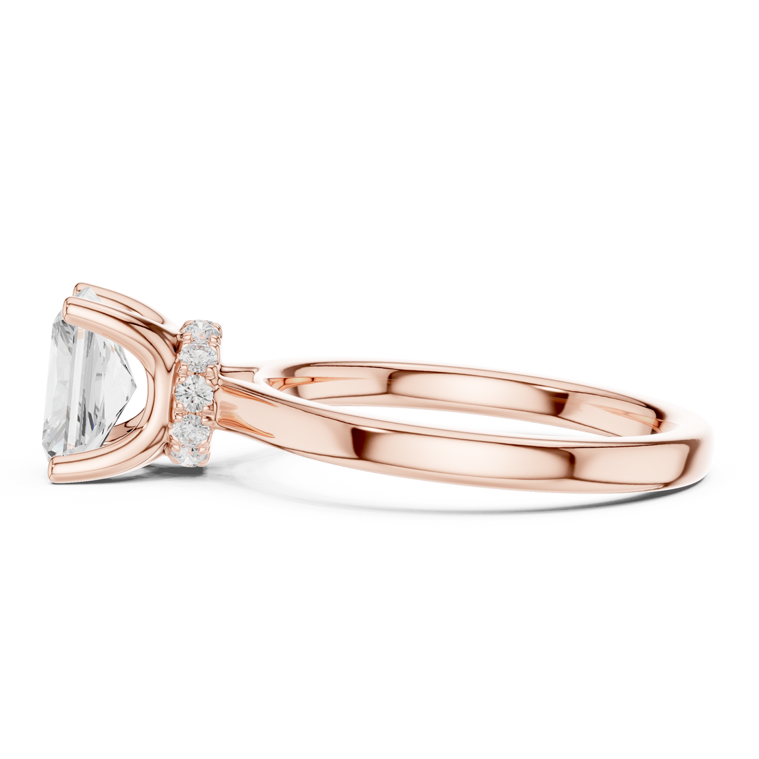 Radiant Cut Solitaire Engagement Ring with Hidden Halo and Cathedral Shank