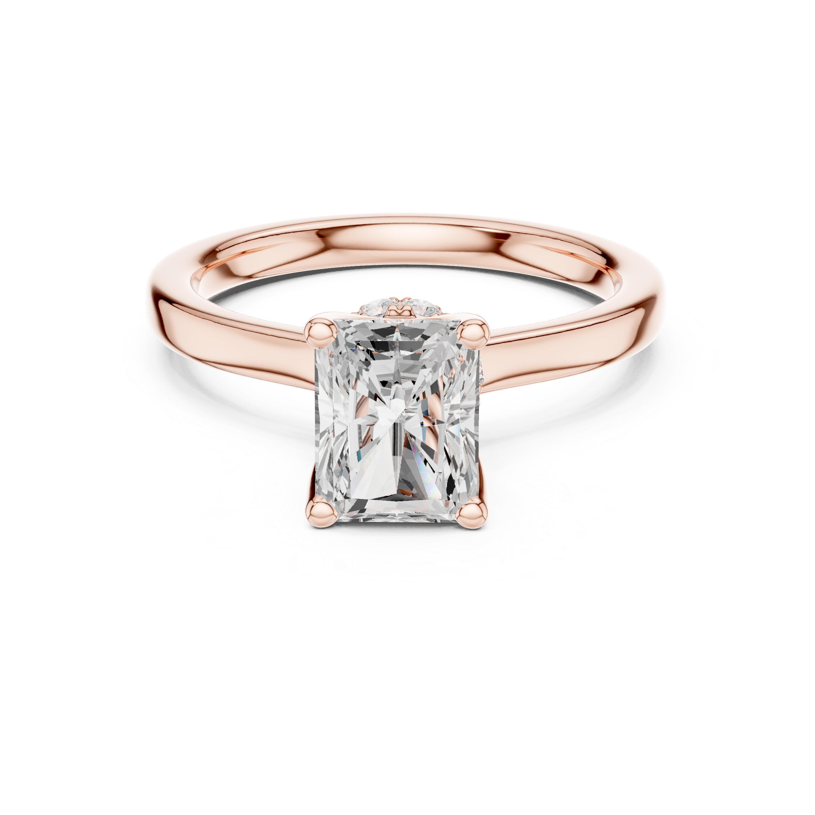 Radiant Cut Solitaire Engagement Ring with Hidden Halo and Cathedral Shank