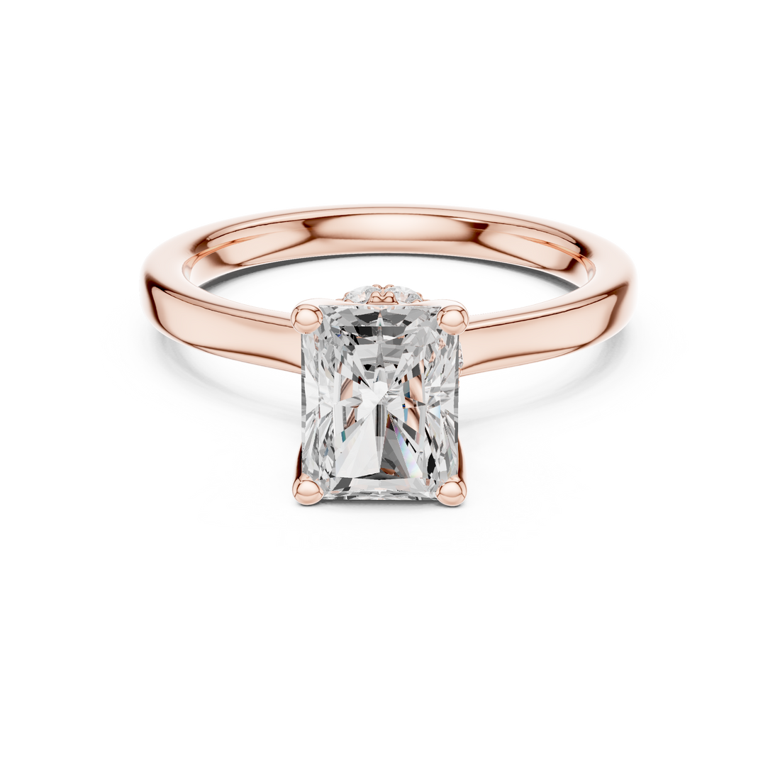 Radiant Cut Solitaire Engagement Ring with Hidden Halo and Cathedral Shank