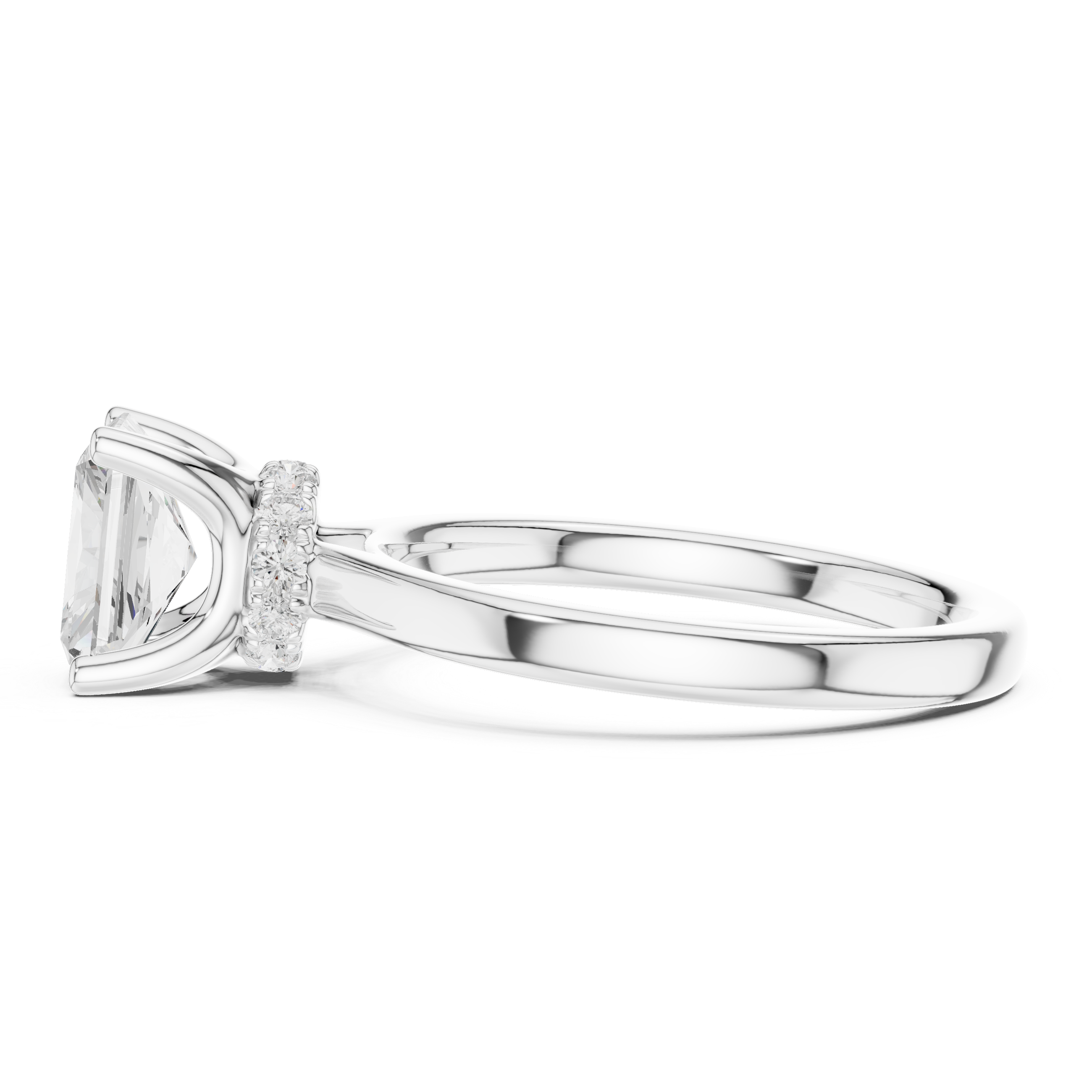Radiant Cut Solitaire Engagement Ring with Hidden Halo and Cathedral Shank