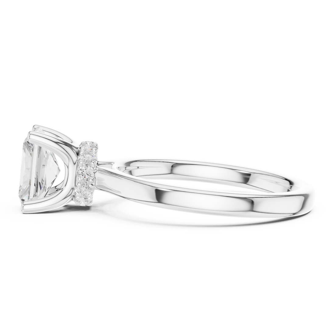 Radiant Cut Solitaire Engagement Ring with Hidden Halo and Cathedral Shank