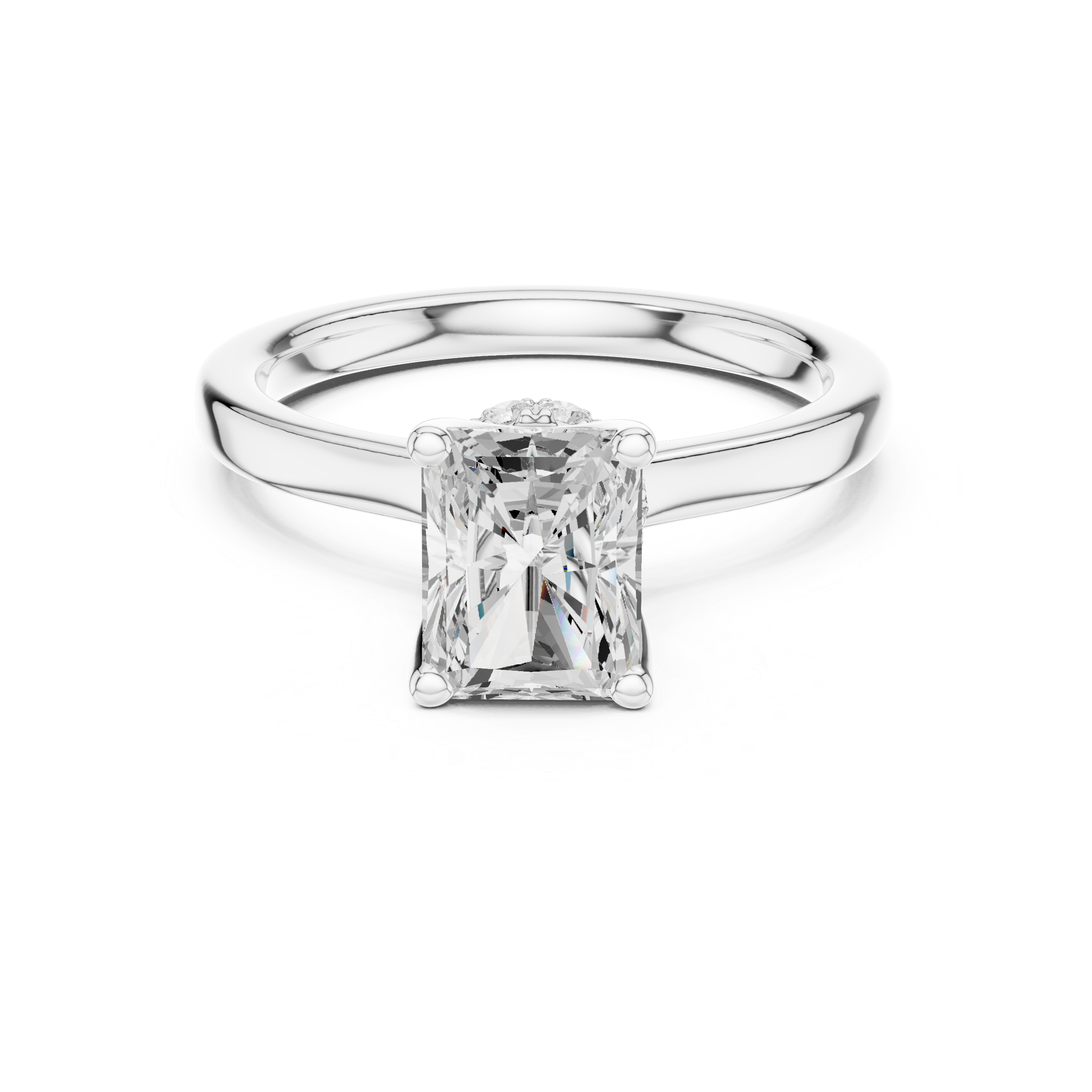 Radiant Cut Solitaire Engagement Ring with Hidden Halo and Cathedral Shank
