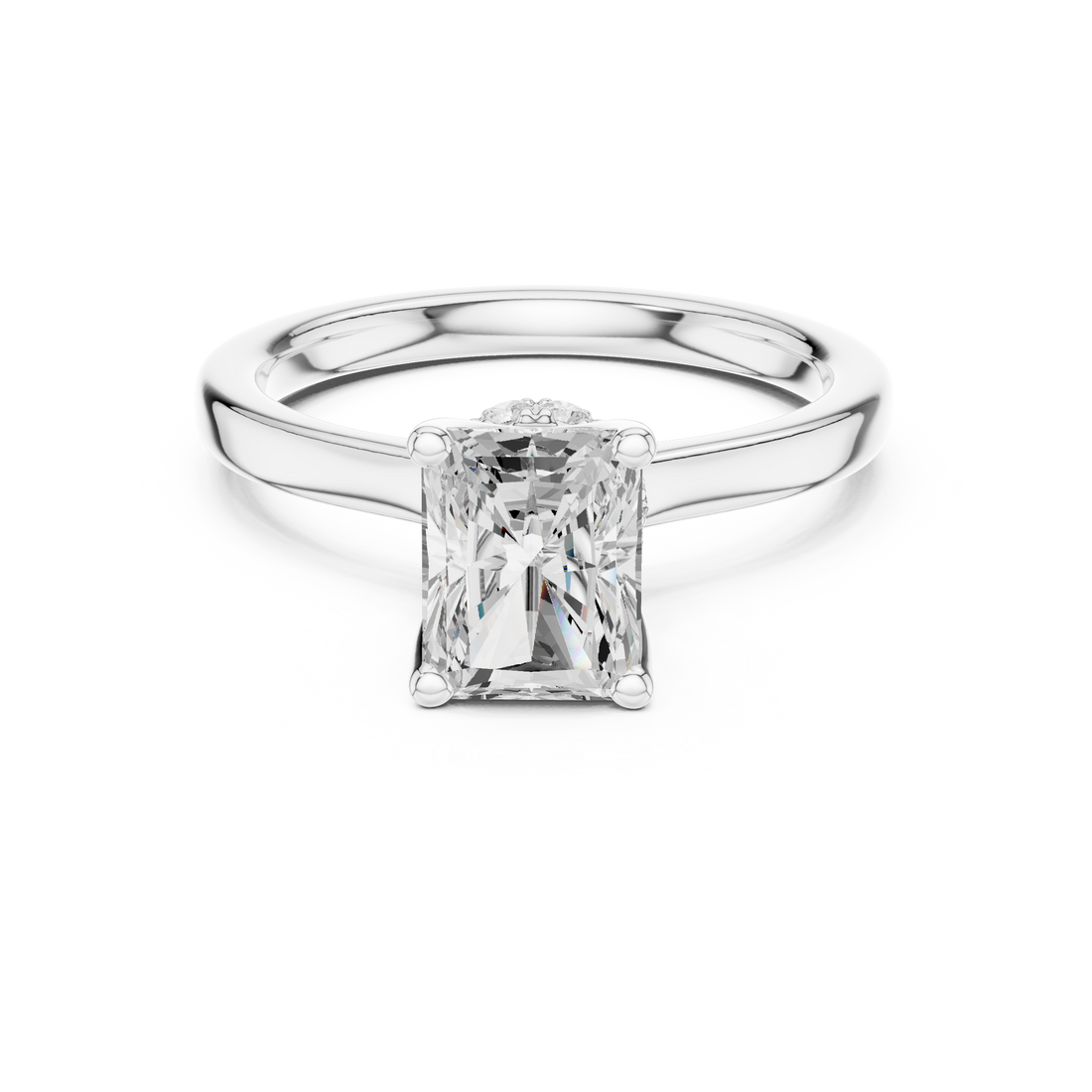 Radiant Cut Solitaire Engagement Ring with Hidden Halo and Cathedral Shank
