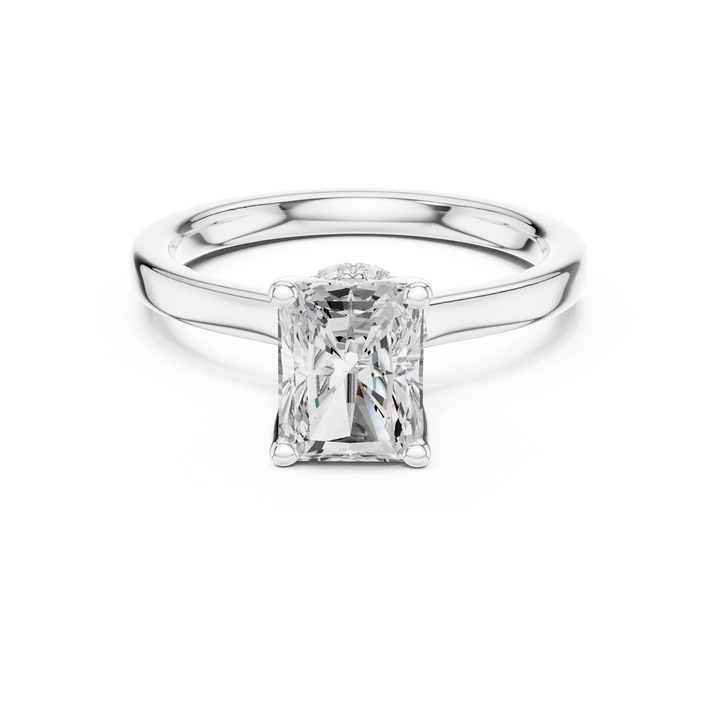 Radiant Cut Solitaire Engagement Ring with Hidden Halo and Cathedral Shank