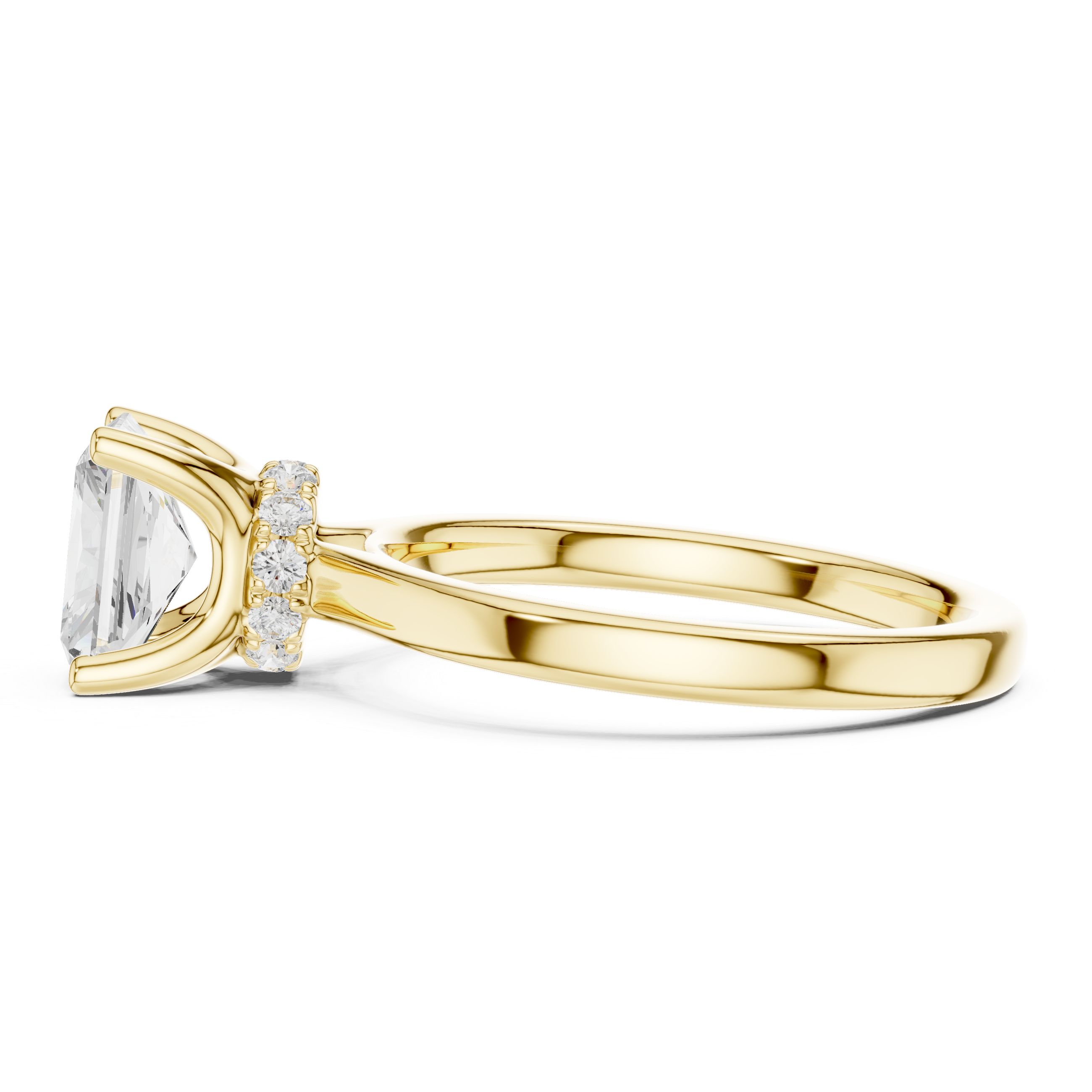 Radiant Cut Solitaire Engagement Ring with Hidden Halo and Cathedral Shank