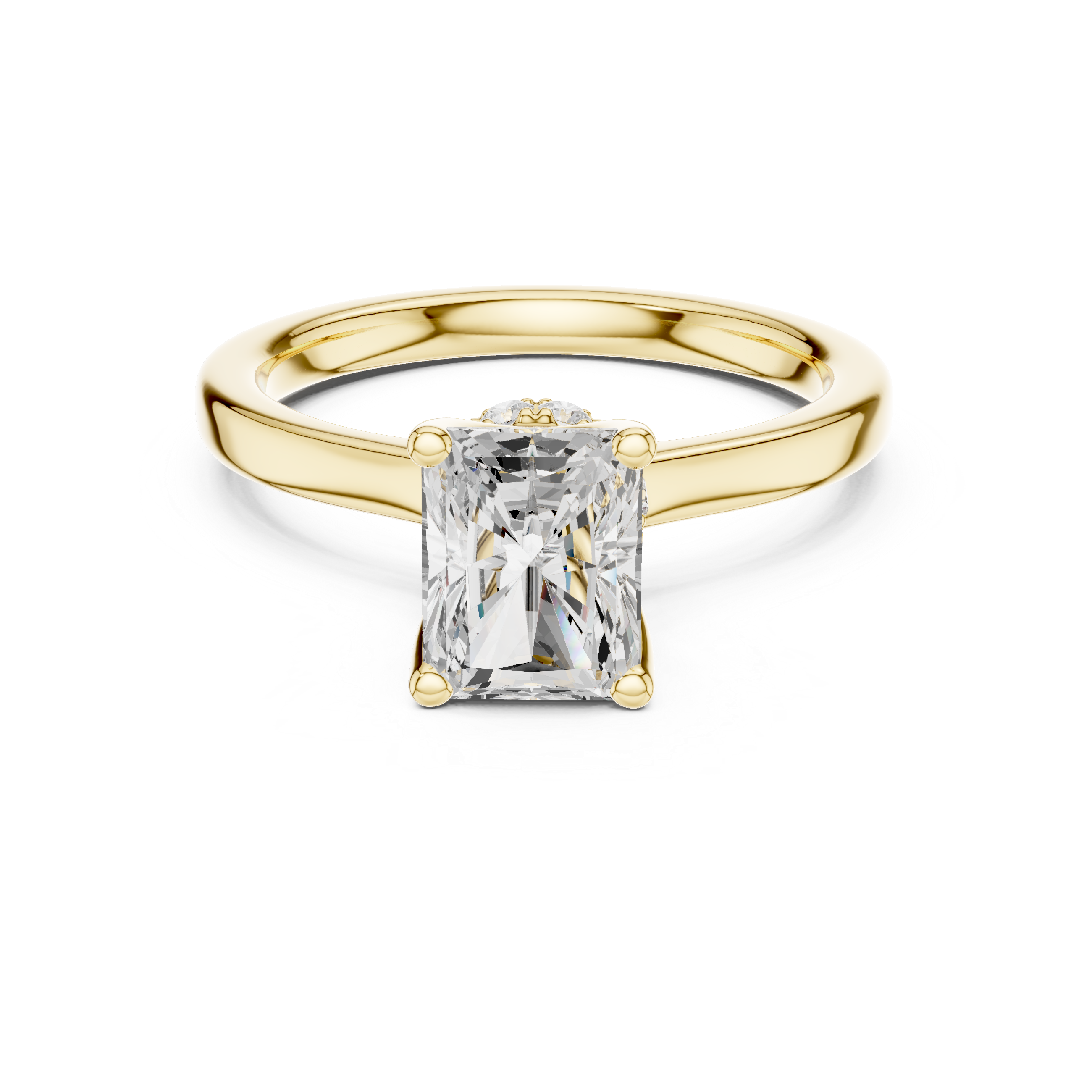 Radiant Cut Solitaire Engagement Ring with Hidden Halo and Cathedral Shank