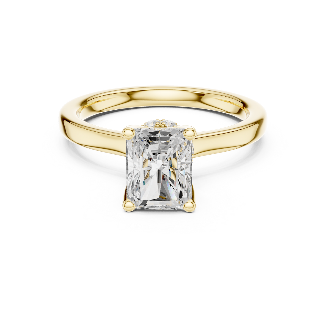 Radiant Cut Solitaire Engagement Ring with Hidden Halo and Cathedral Shank