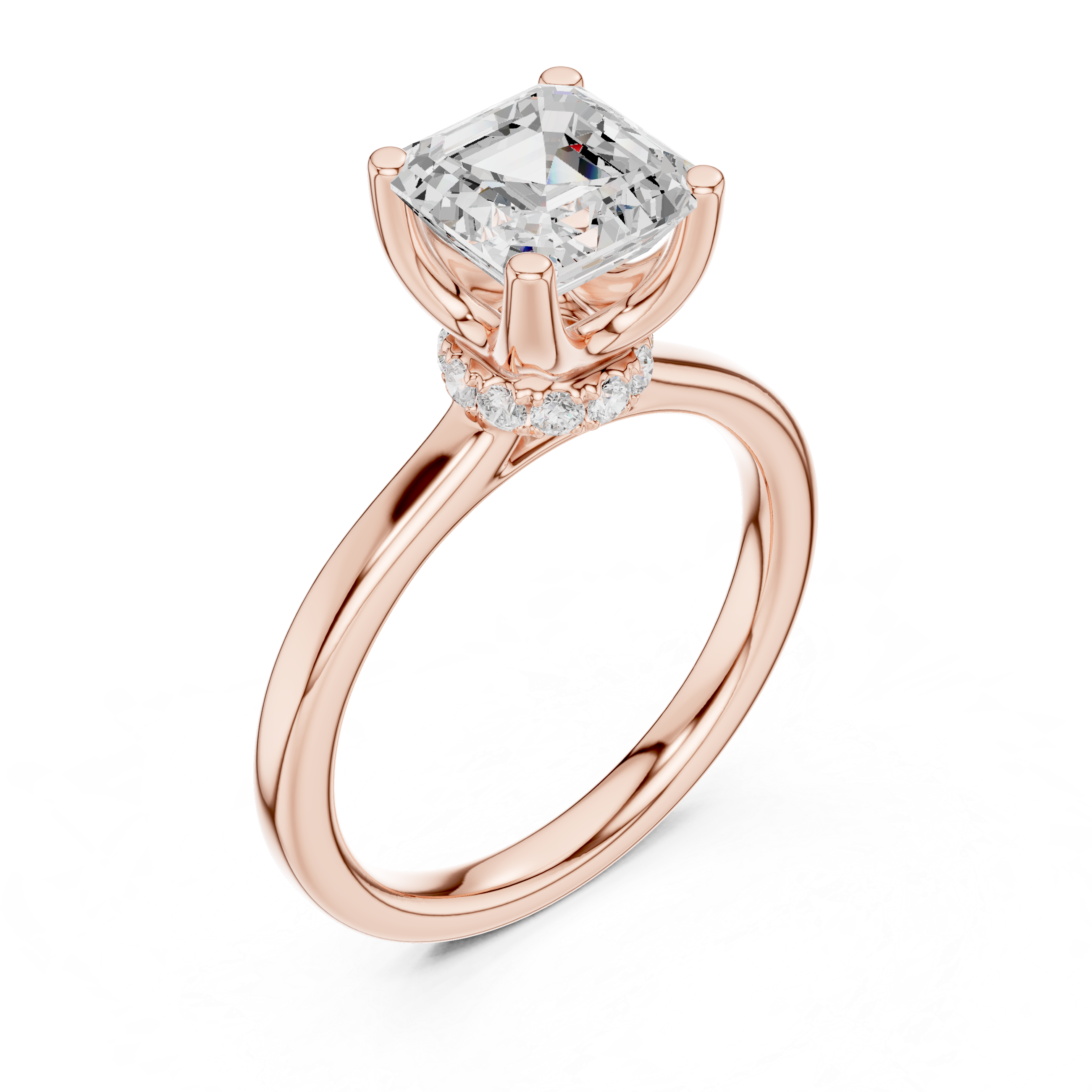 Asscher Cut Solitaire Engagement Ring with Hidden Halo and Cathedral Shank
