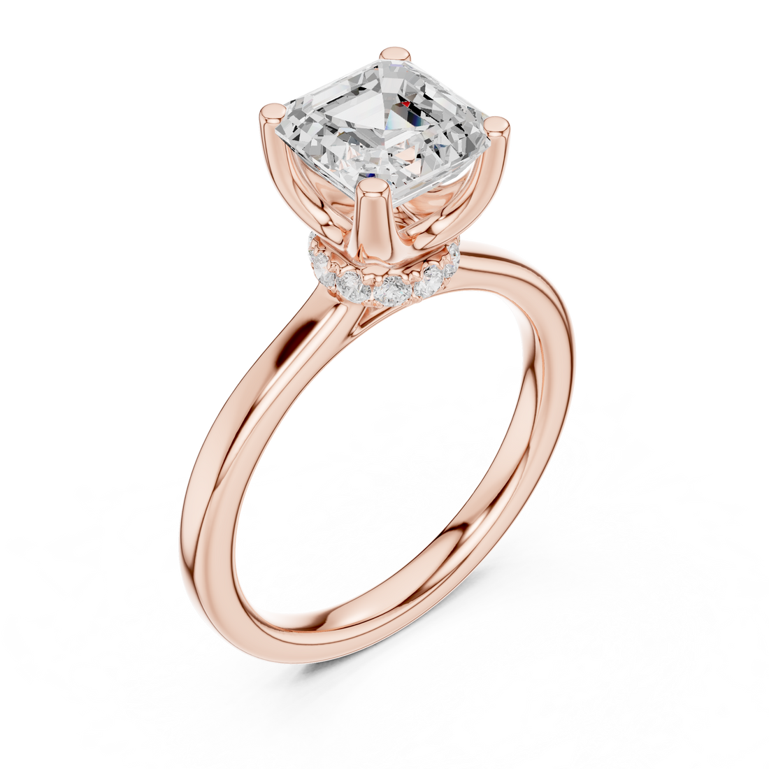 Asscher Cut Solitaire Engagement Ring with Hidden Halo and Cathedral Shank