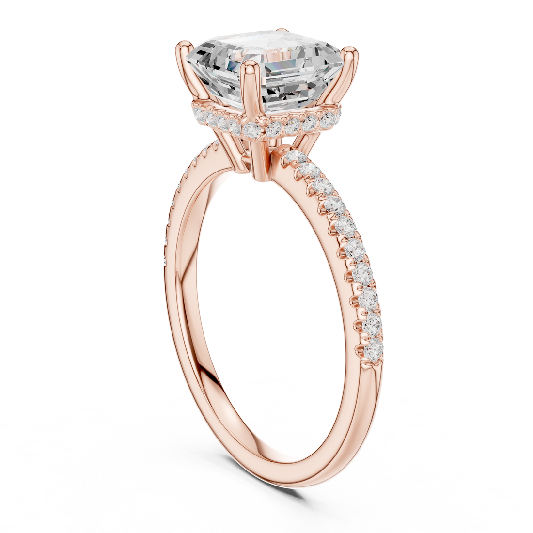 Asscher Cut Hidden Halo Cathedral Pavé Engagement Ring